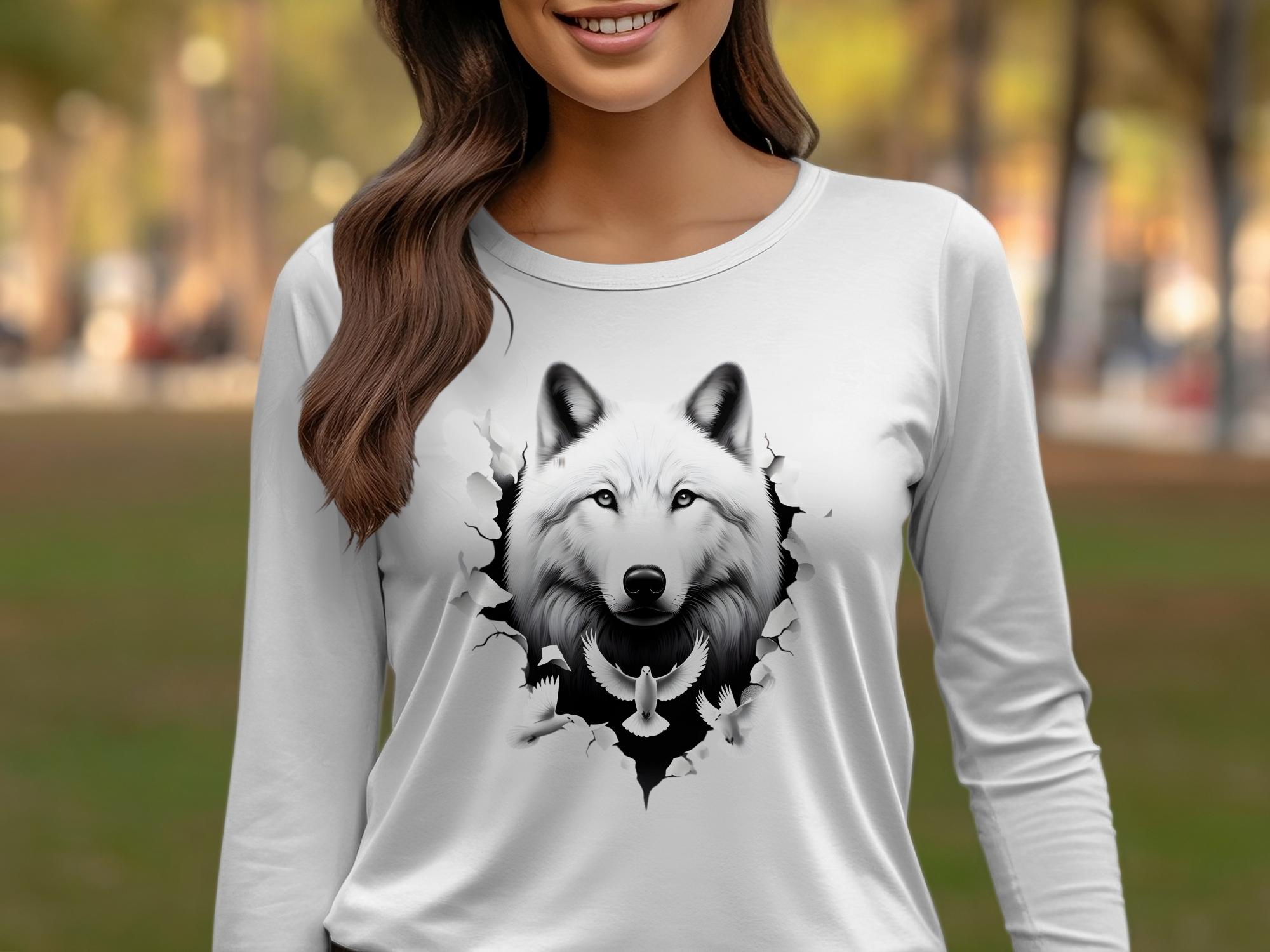 Wolf x Doves - Black White Gildan Long Sleeve Realistic Animal Talisman Unisex Tee Graphic Design