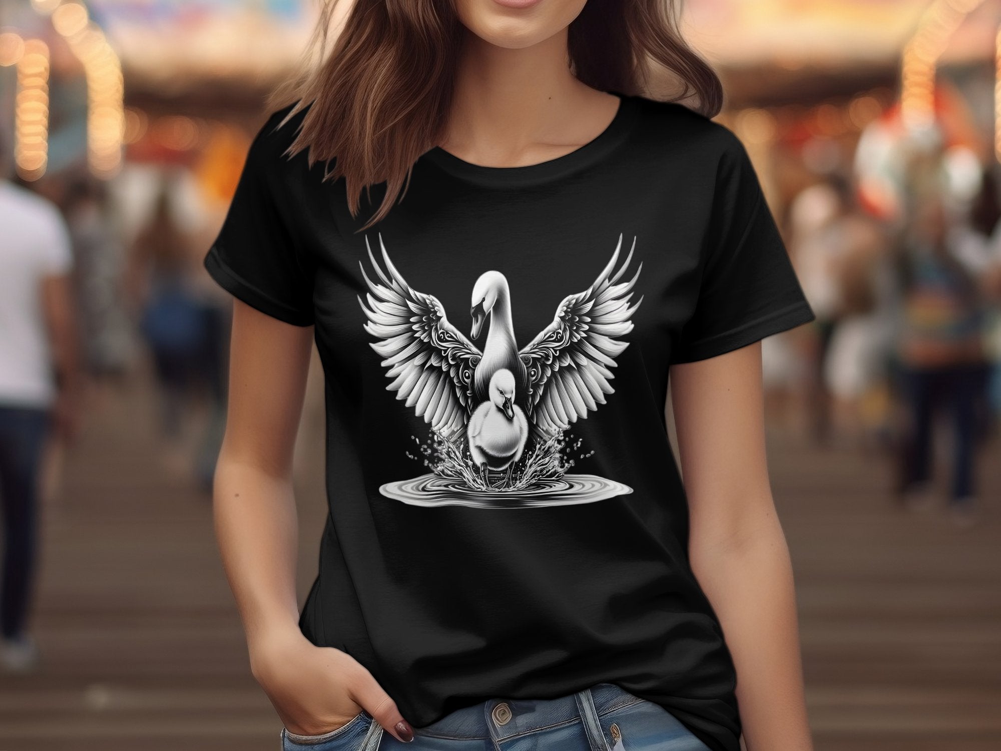 Swan & Cygnet- Black White Gildan T-Shirt Realistic Family Talisman Unisex Tee Graphic Design