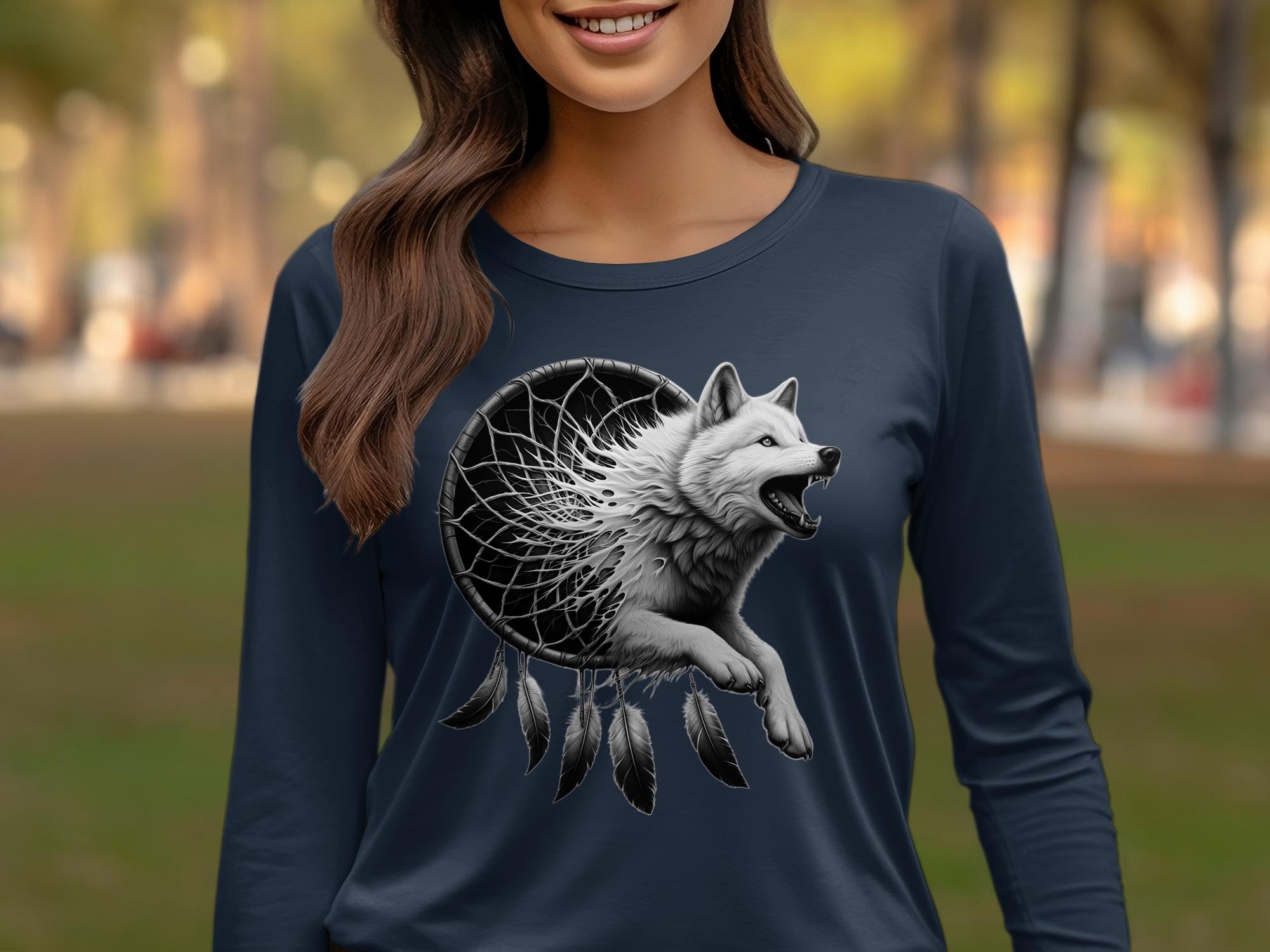 Dreamcatcher Wolf - Coloured Gildan Long Sleeve Realistic Native American Talisman Unisex Mythology Tee Graphic Design