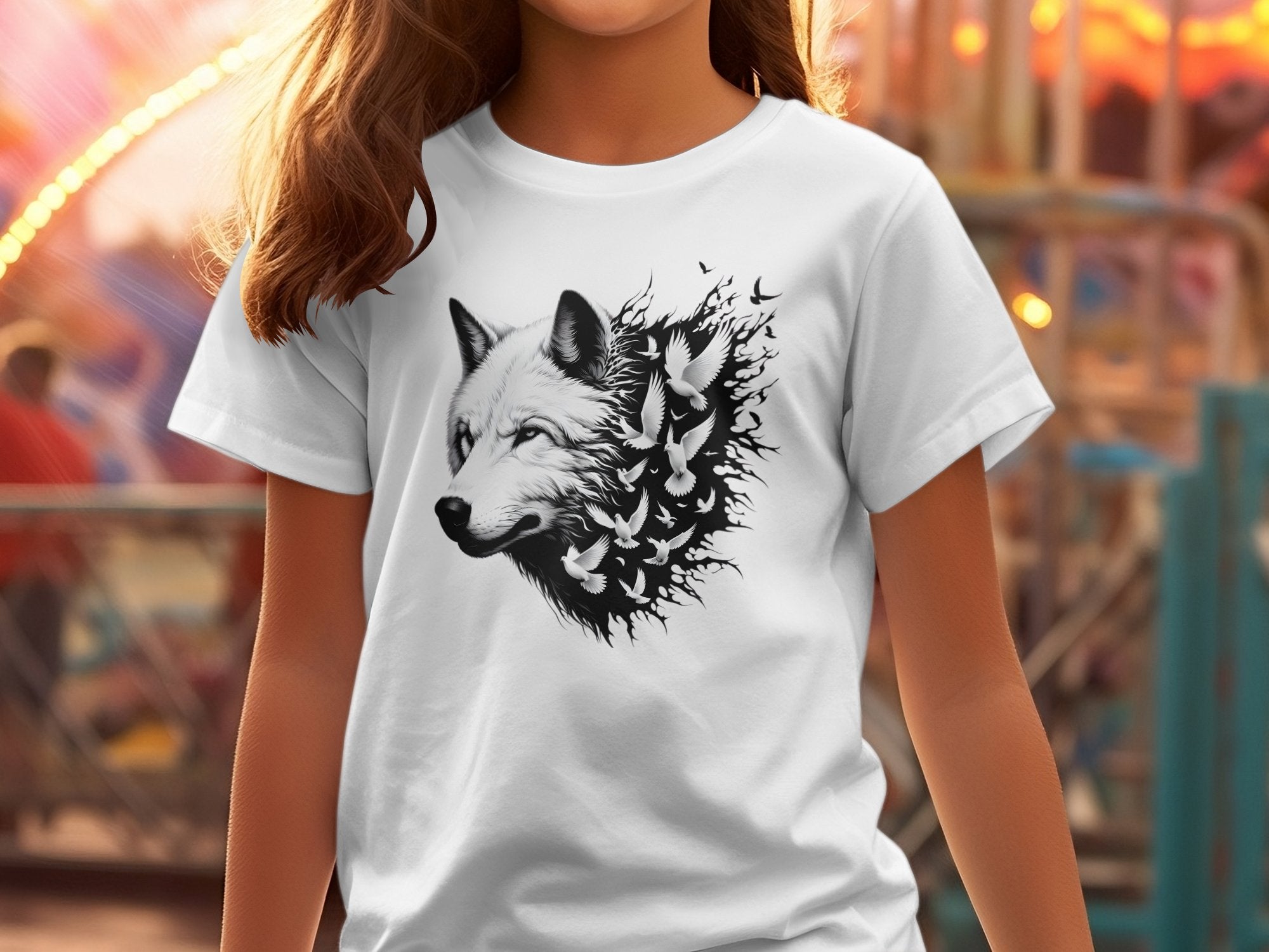 Wolf x Doves - Black White Gildan Kids T-Shirt Realistic Animal Talisman Unisex Tee Graphic Design