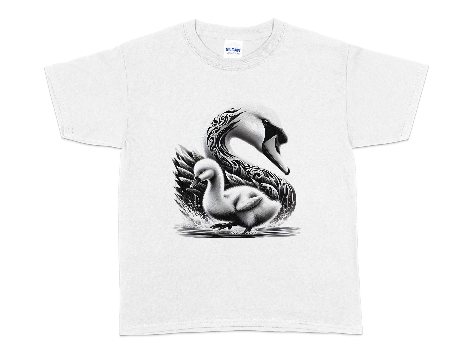 Swan & Cygnet- Black White Gildan Kids T-Shirt Realistic Family Talisman Unisex Tee Graphic Design