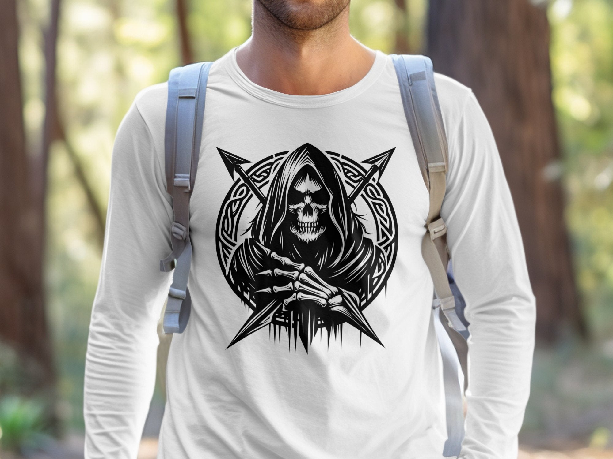 Grim Reaper - Black White Gildan Long Sleeve Commemorative Talisman Unisex Tee Graphic Design