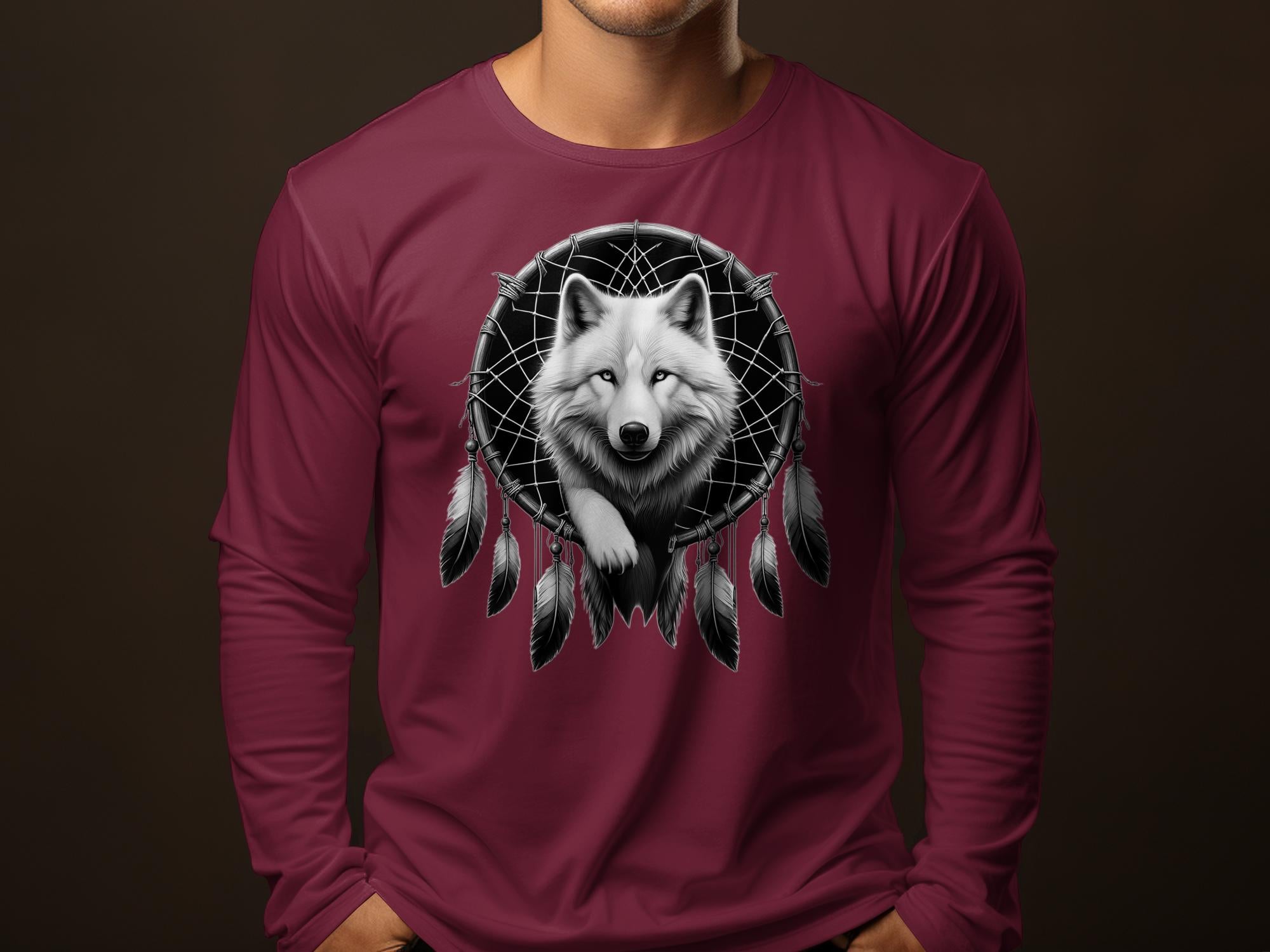 Dreamcatcher Wolf - Coloured Gildan Long Sleeve Realistic Native American Talisman Unisex Mythology Tee Graphic Design