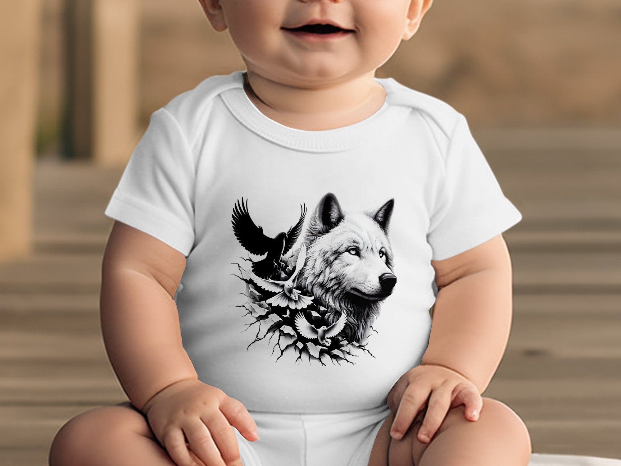 Wolf x Doves - Coloured Toddler Bodysuit Realistic Animal Talisman Unisex Tee Graphic Design