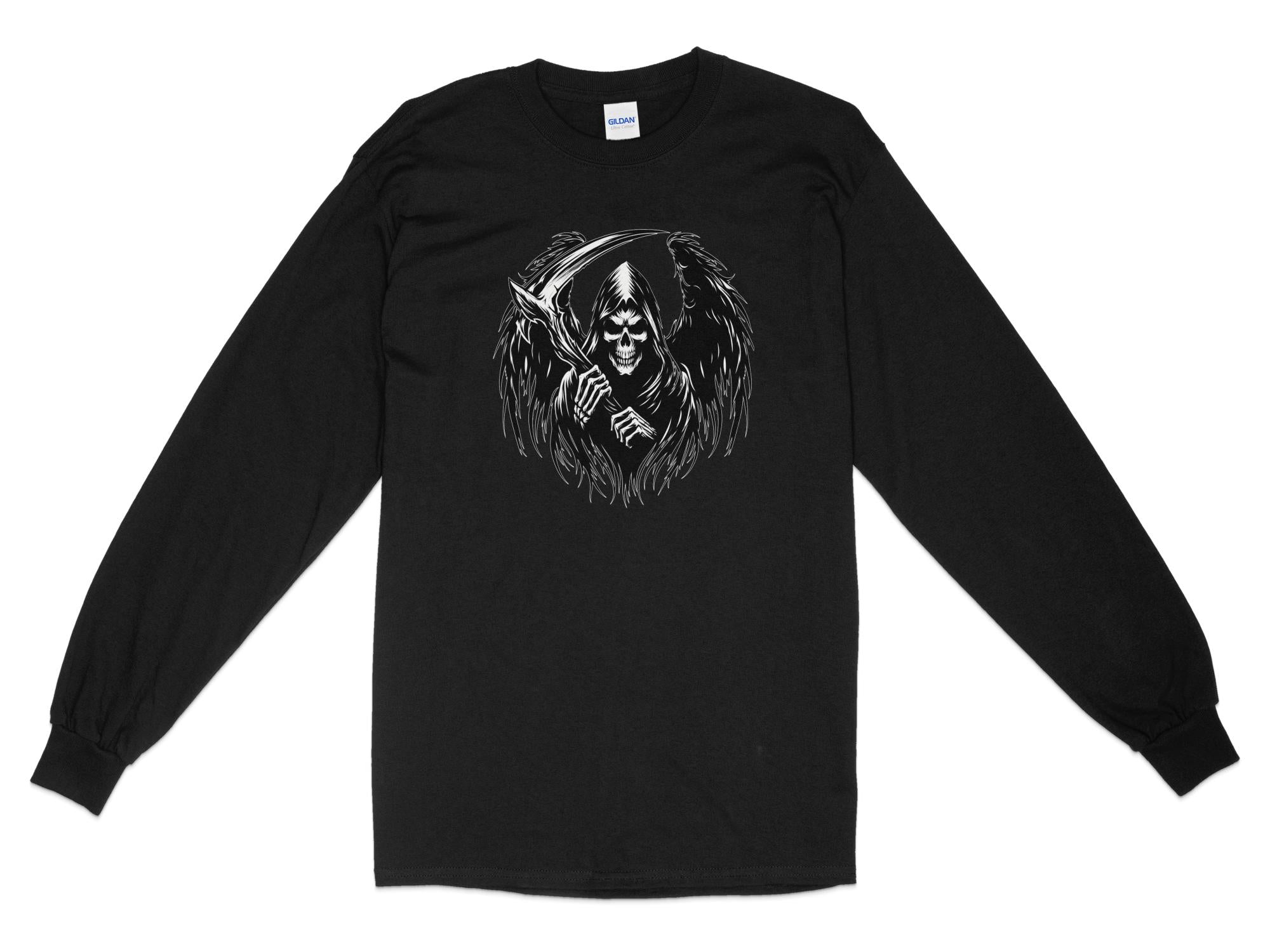 Grim Reaper - Black White Gildan Long Sleeve Commemorative Talisman Unisex Tee Graphic Design