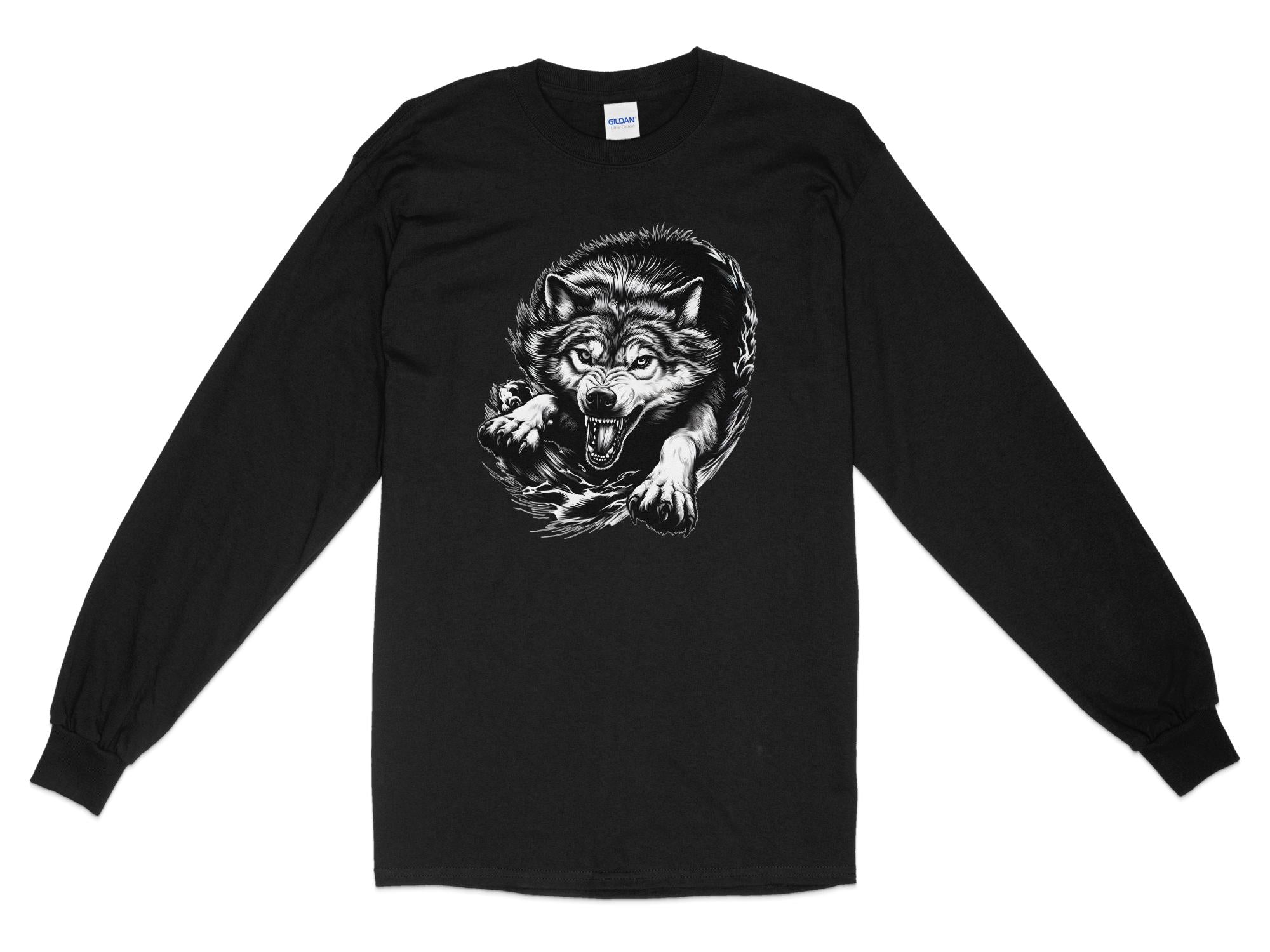 Wolf Tribal - Black White Gildan Long Sleeve Realistic Animal Talisman Unisex Tee Graphic Design