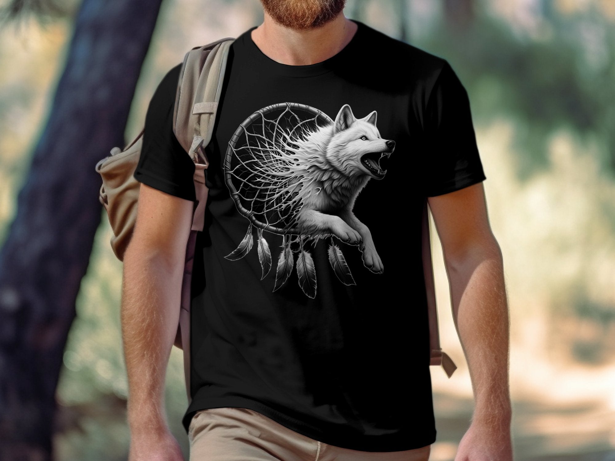 Dreamcatcher Wolf - Coloured Gildan T-Shirt Realistic Native American Talisman Unisex Mythology Tee Graphic Design