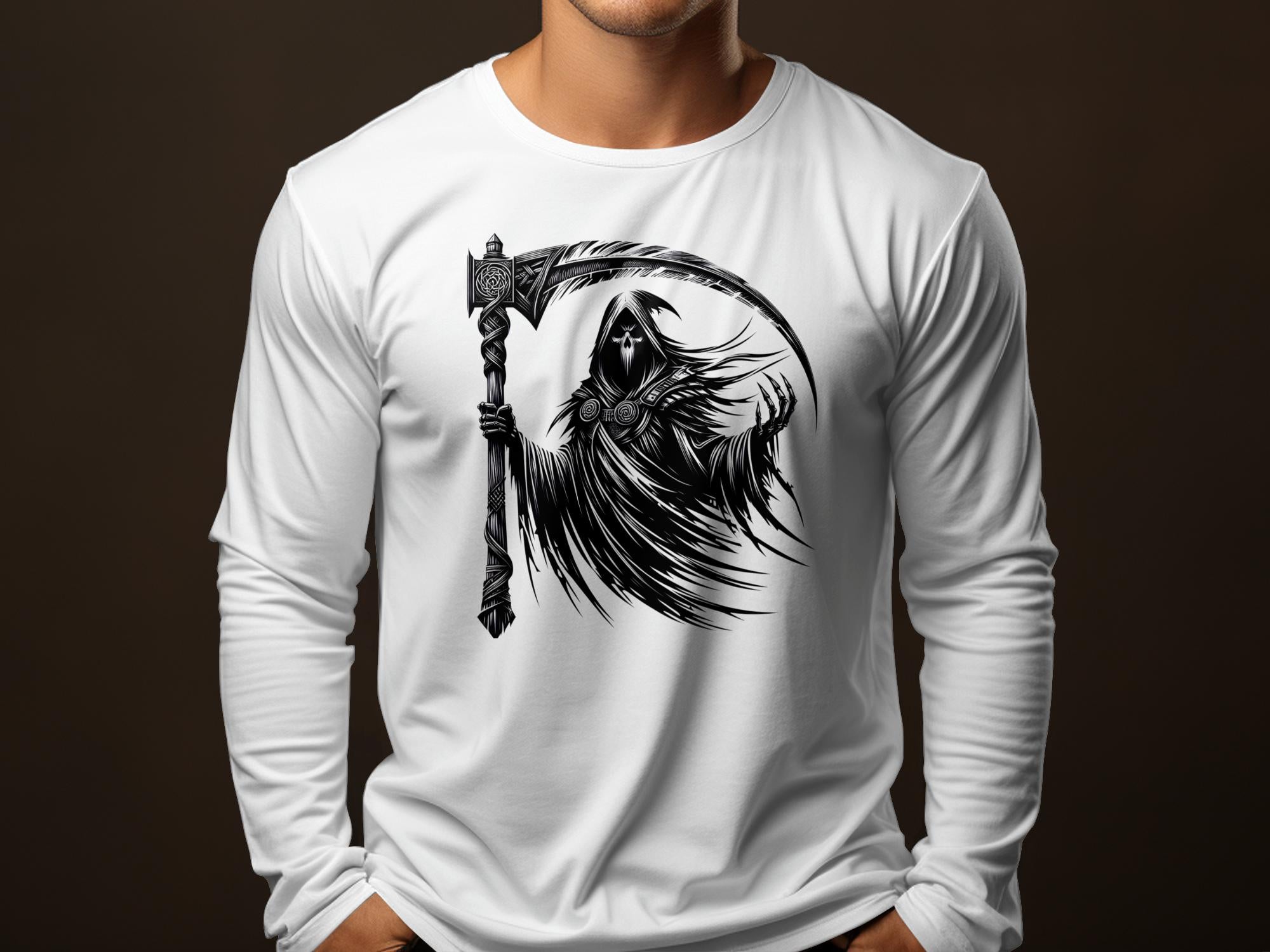 Grim Reaper - Black White Gildan Long Sleeve Commemorative Talisman Unisex Tee Graphic Design