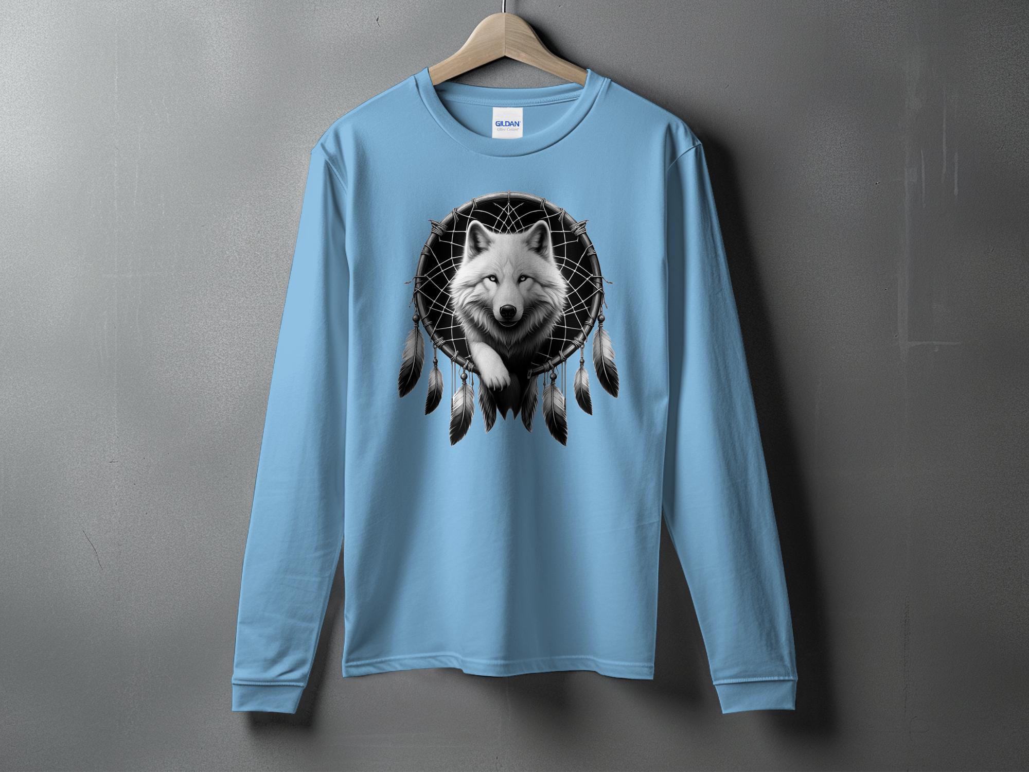 Dreamcatcher Wolf - Coloured Gildan Long Sleeve Realistic Native American Talisman Unisex Mythology Tee Graphic Design