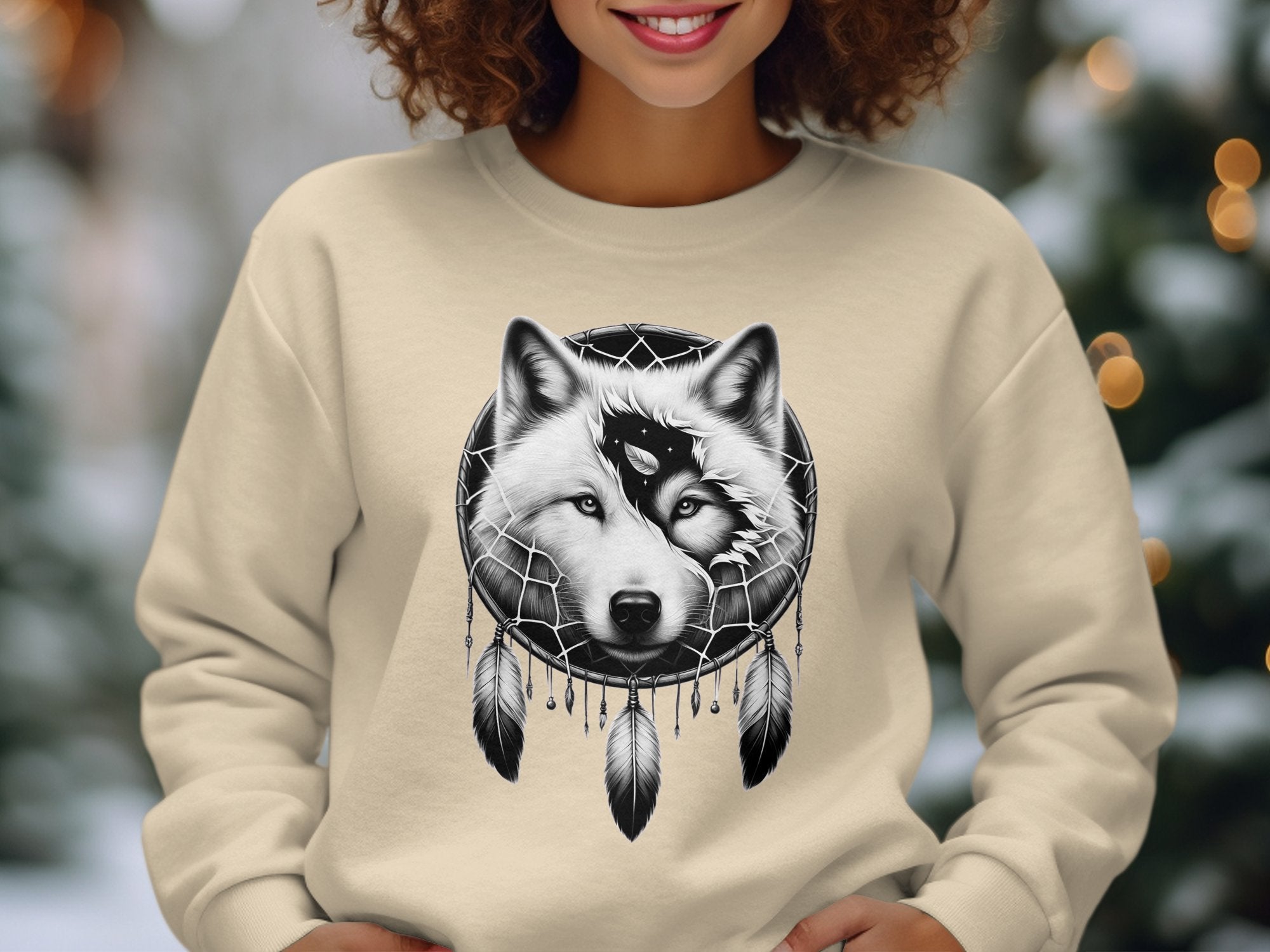 Dreamcatcher Wolf - Coloured Gildan Sweatshirt Realistic Native American Talisman Unisex Mythology Tee Graphic Design