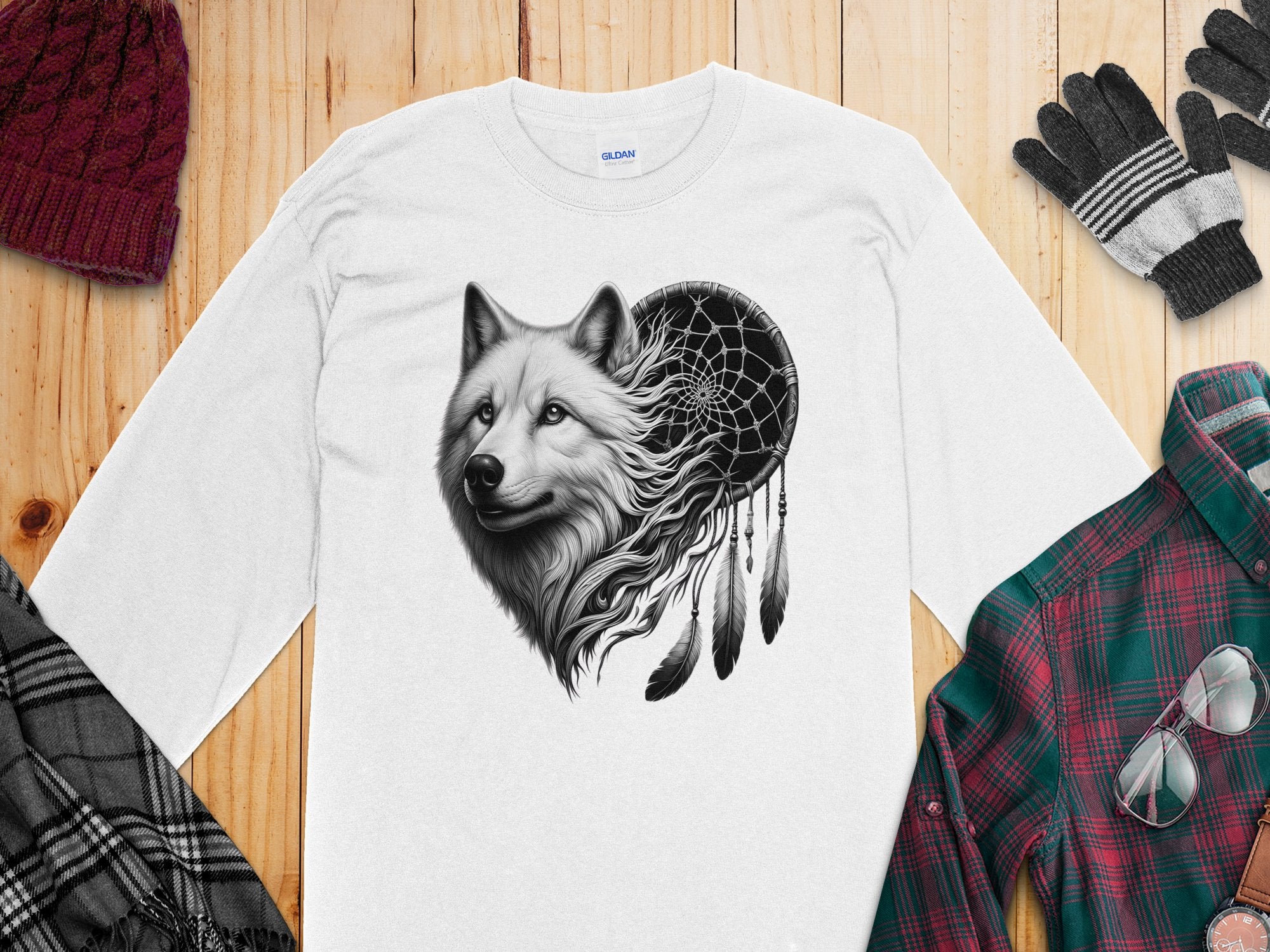 Dreamcatcher Wolf - Coloured Gildan Long Sleeve Realistic Native American Talisman Unisex Mythology Tee Graphic Design