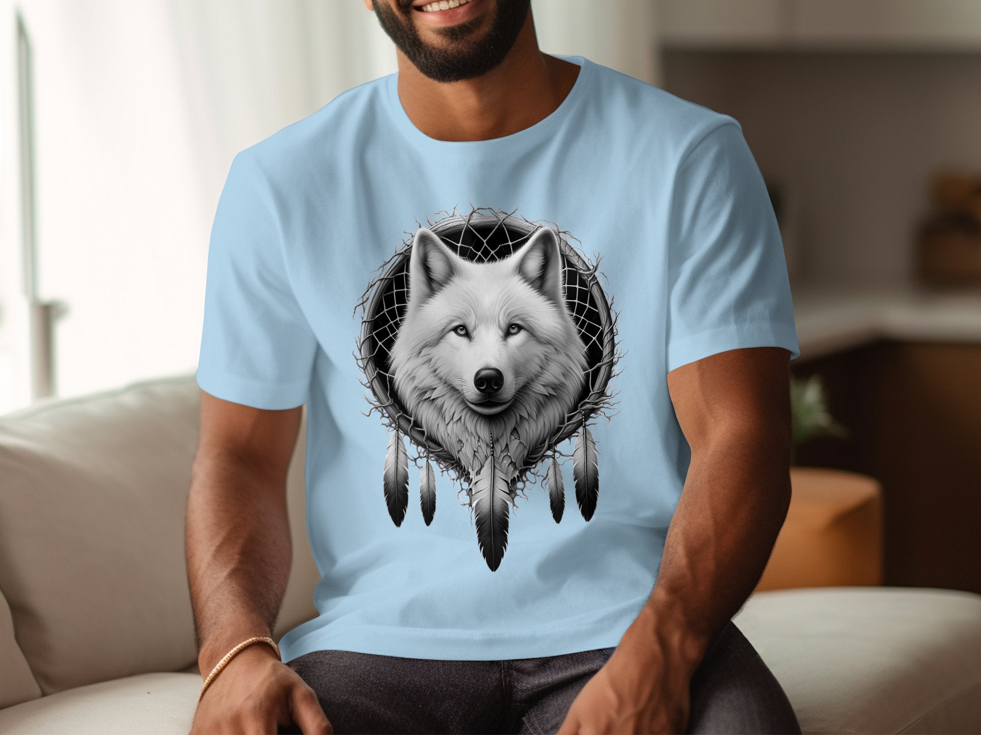 Dreamcatcher Wolf - Coloured Gildan T-Shirt Realistic Native American Talisman Unisex Mythology Tee Graphic Design