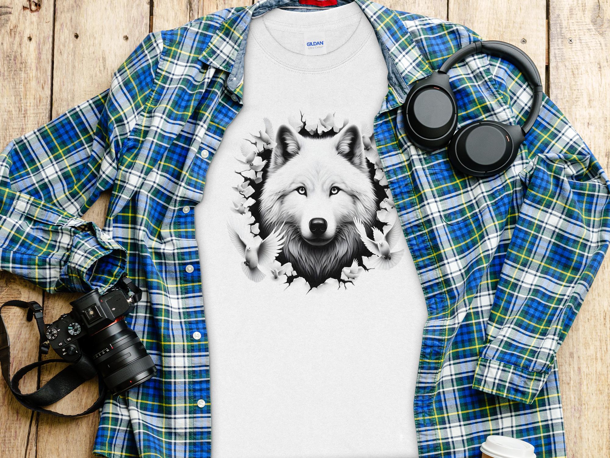 Wolf x Doves - Black White Gildan Long Sleeve Realistic Animal Talisman Unisex Tee Graphic Design