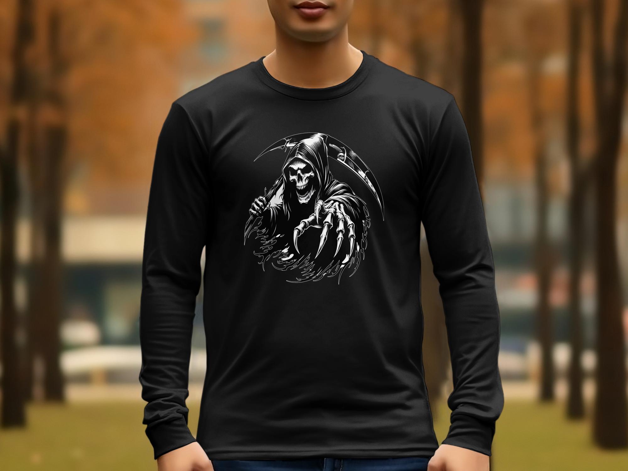 Grim Reaper - Black White Gildan Long Sleeve Commemorative Talisman Unisex Tee Graphic Design