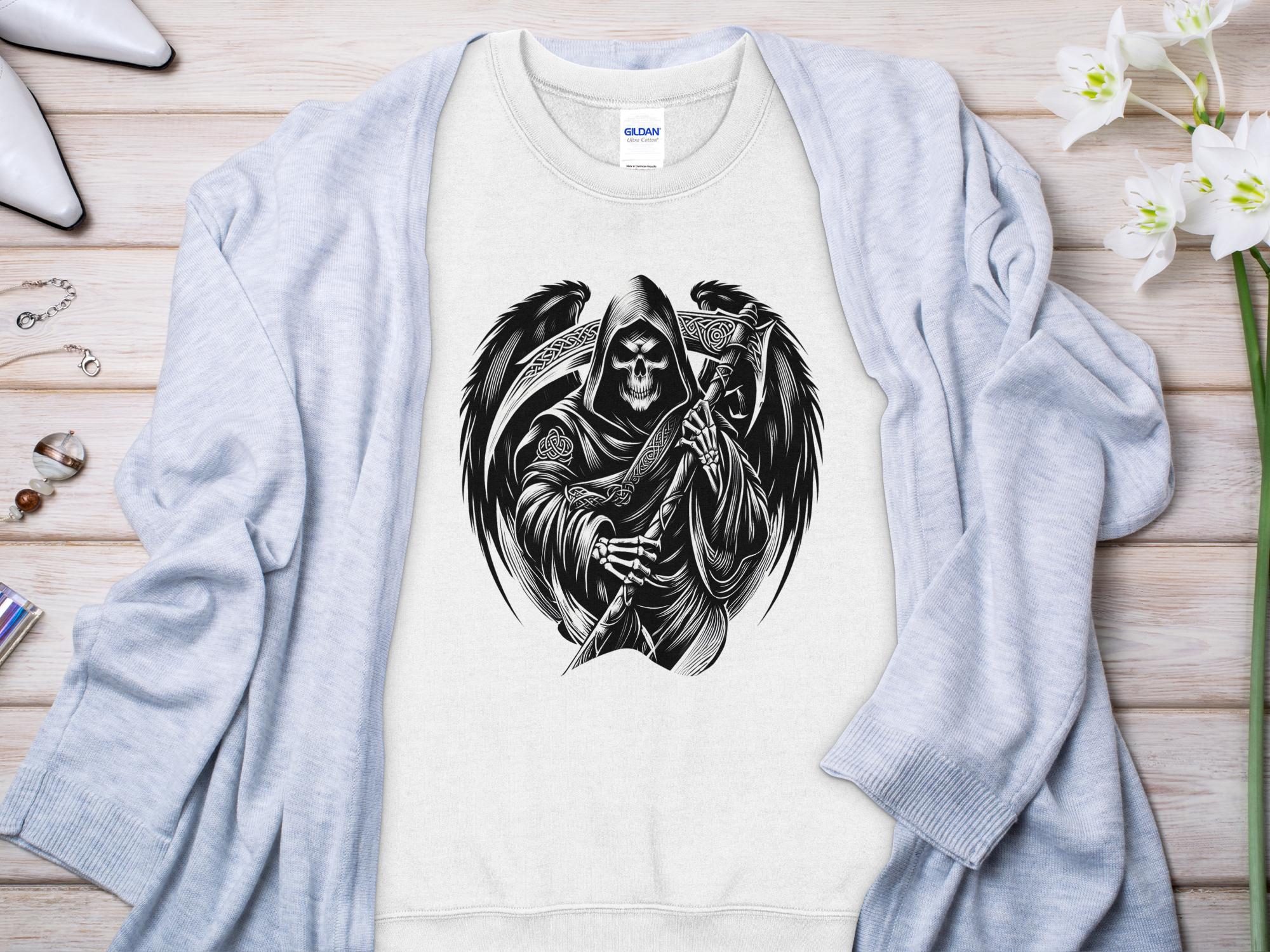 Grim Reaper - Black White Gildan Sweatshirt Commemorative Talisman Unisex Tee Graphic Design