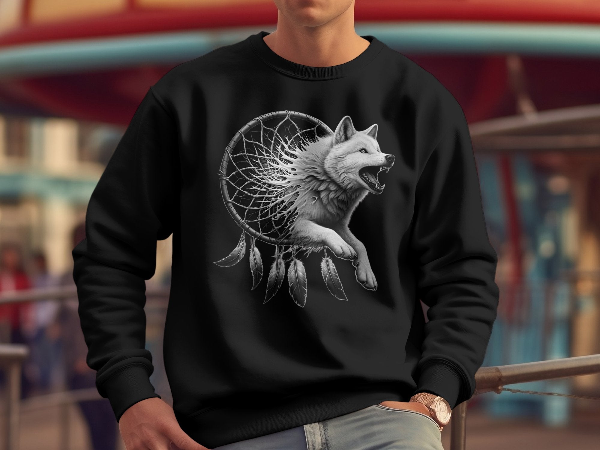 Dreamcatcher Wolf - Coloured Gildan Sweatshirt Realistic Native American Talisman Unisex Mythology Tee Graphic Design