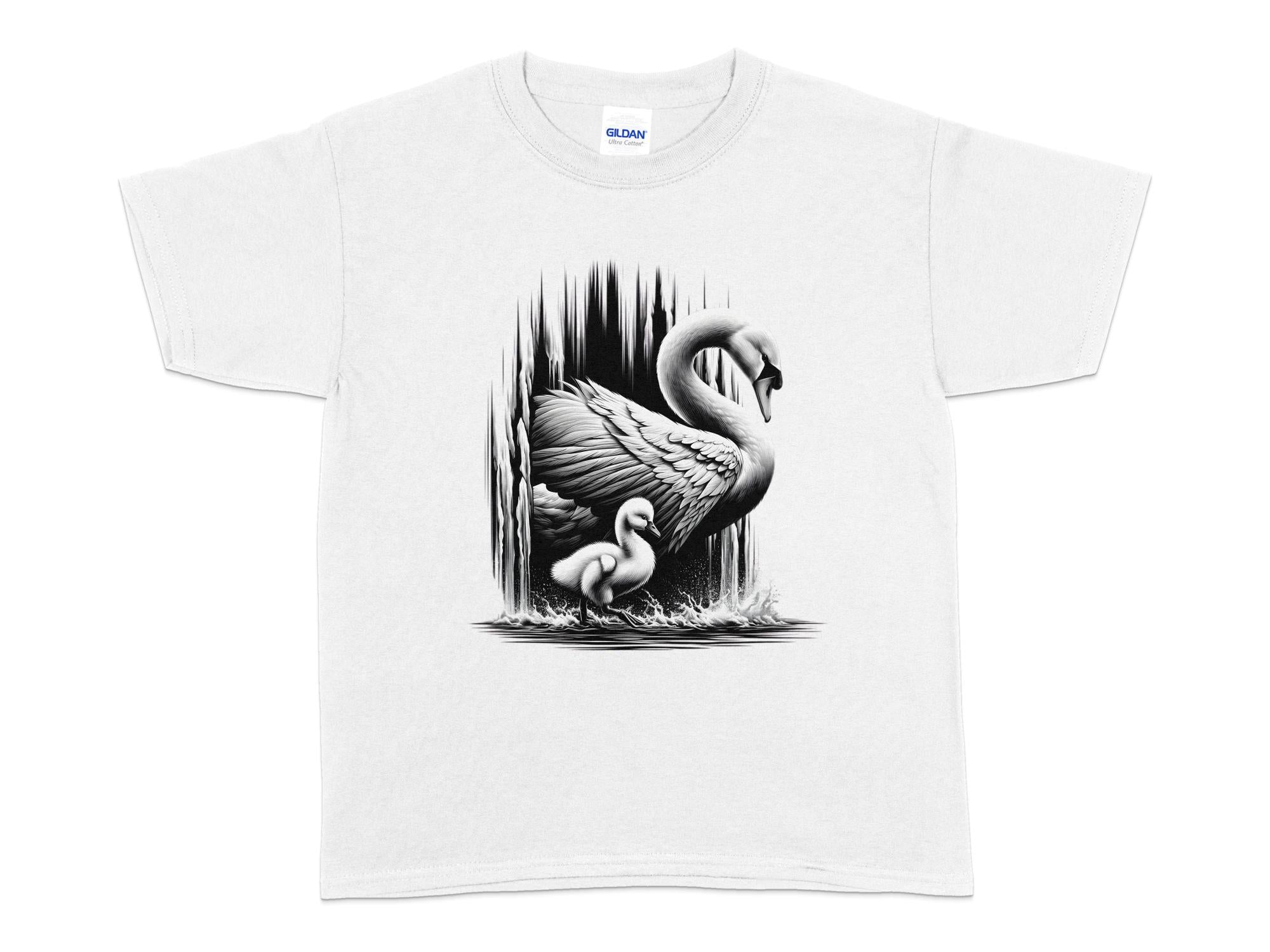 Swan & Cygnet- Black White Gildan Kids T-Shirt Realistic Family Talisman Unisex Tee Graphic Design