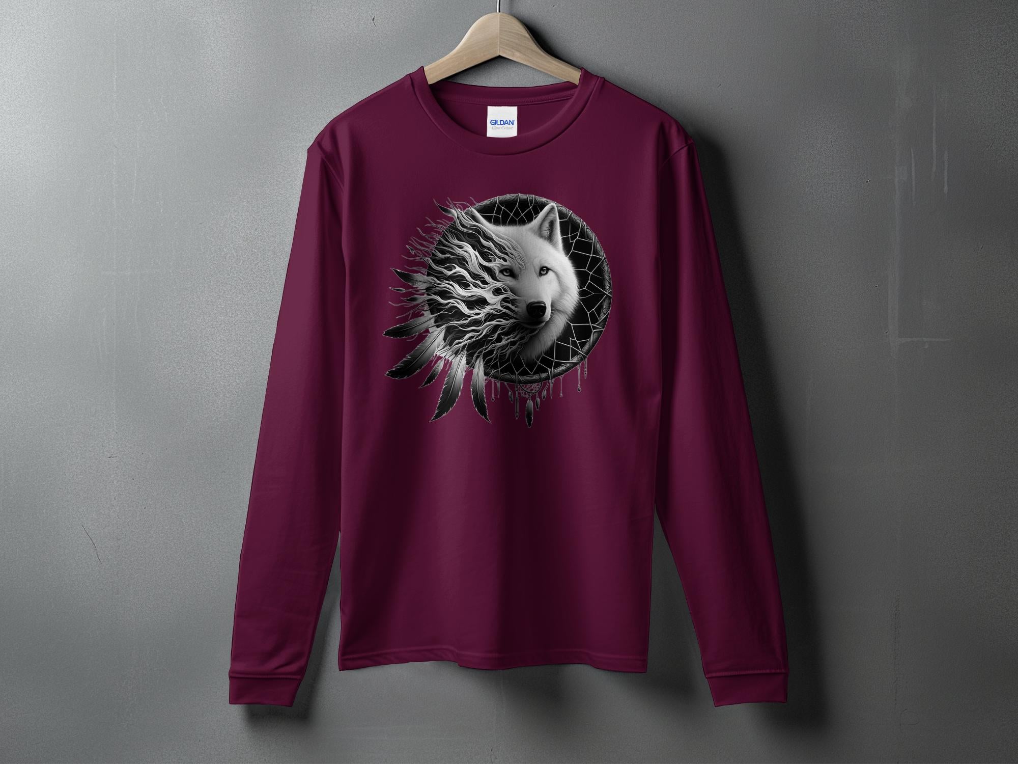 Dreamcatcher Wolf - Coloured Gildan Long Sleeve Realistic Native American Talisman Unisex Mythology Tee Graphic Design