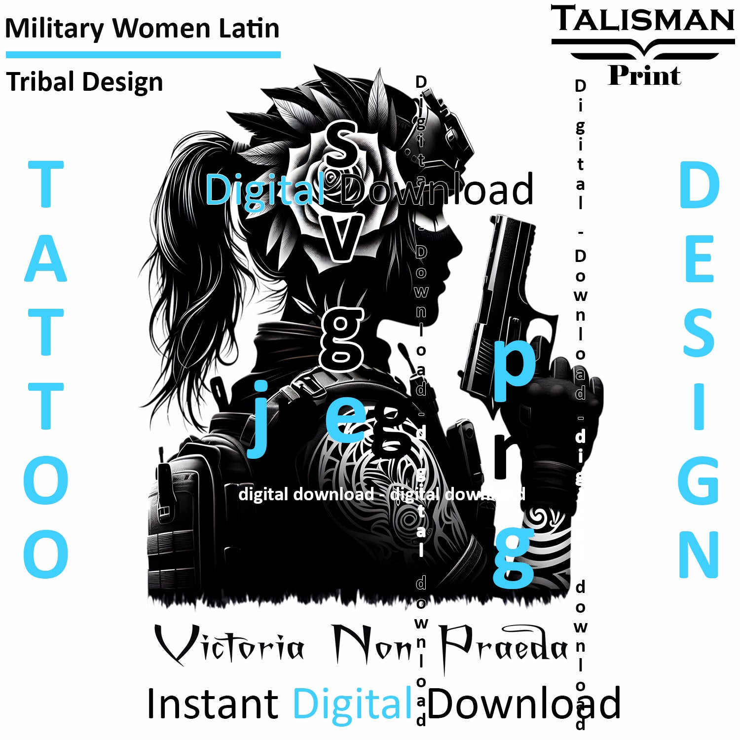 Military Woman Latin Digital Art Collection | PNG, JPEG & SVG | Instant Tattoo Download