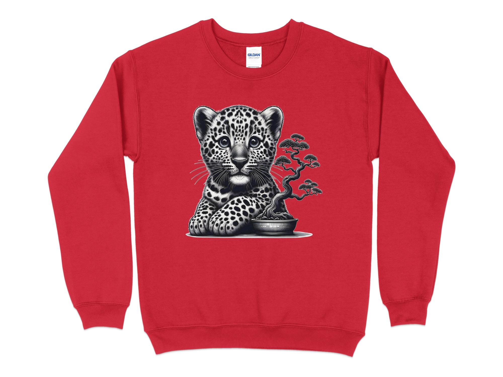 Leopard Bonsai - Coloured Gildan Sweatshirt Realistic Animal Talisman Unisex Cute Tee Graphic Design