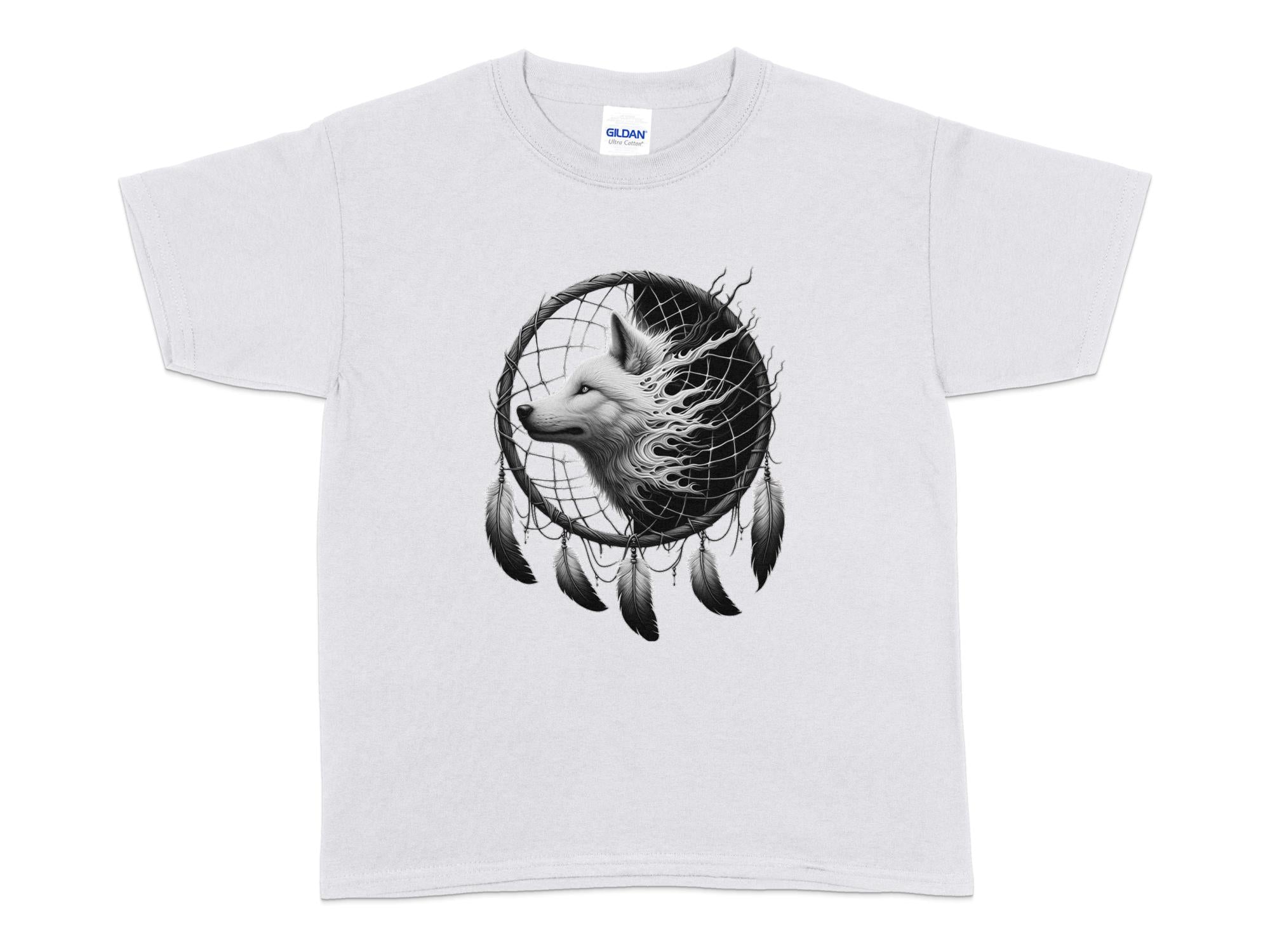 Dreamcatcher Wolf - Coloured Gildan Kids T-Shirt Realistic Native American Talisman Unisex Mythology Tee Graphic Design