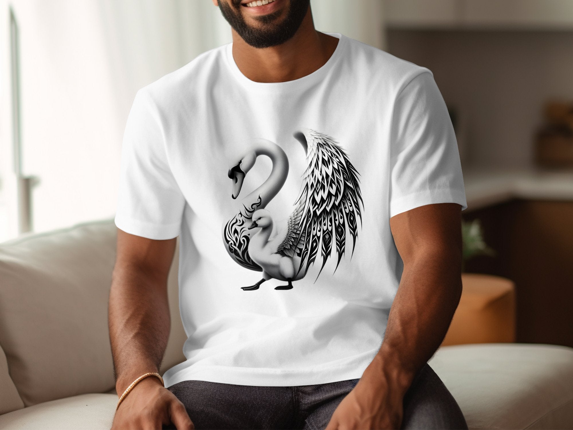 Swan & Cygnet- Black White Gildan T-Shirt Realistic Family Talisman Unisex Tee Graphic Design