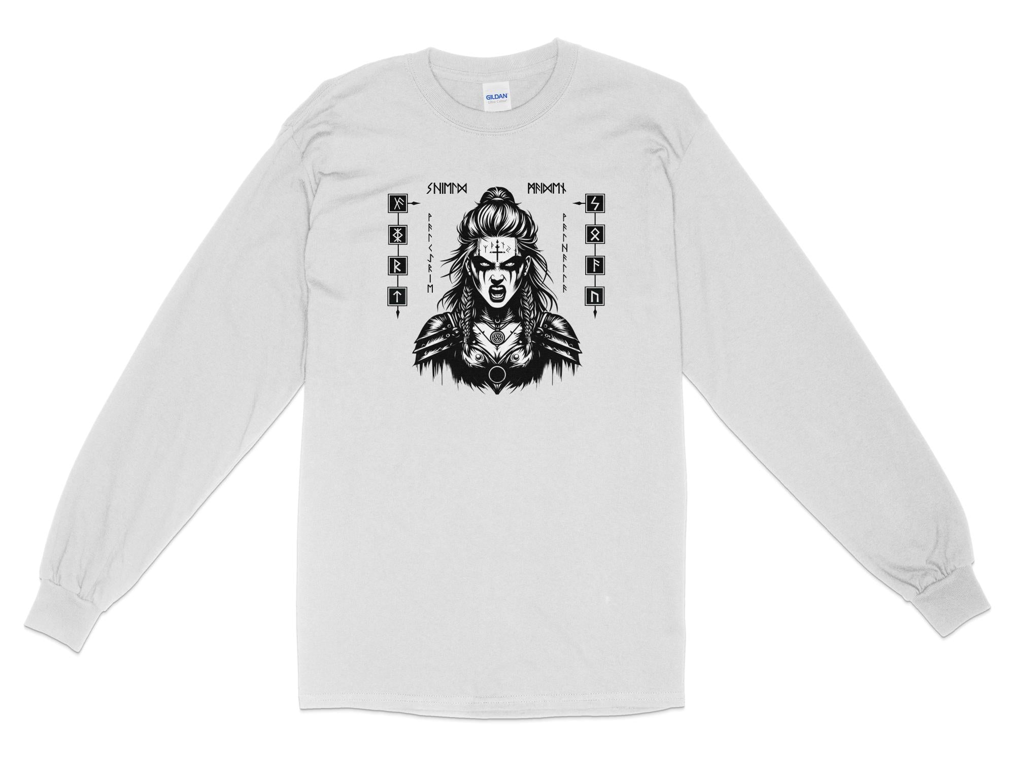 Viking Shield Maiden - Coloured Gildan Long Sleeve Realistic Norse Talisman Men Women Unisex Valhalla Tee Graphic Design