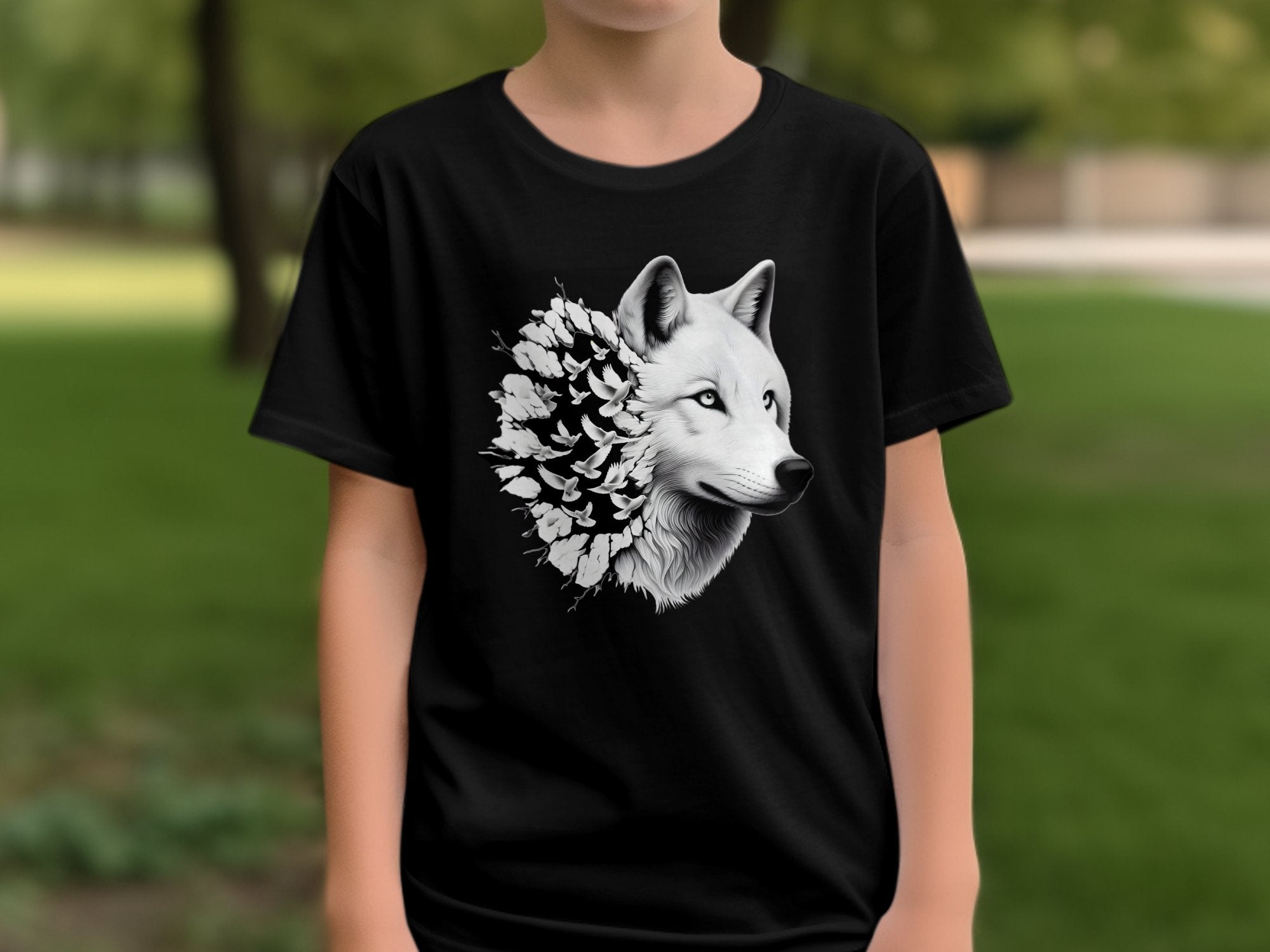 Wolf x Doves - Black White Gildan Kids T-Shirt Realistic Animal Talisman Unisex Tee Graphic Design