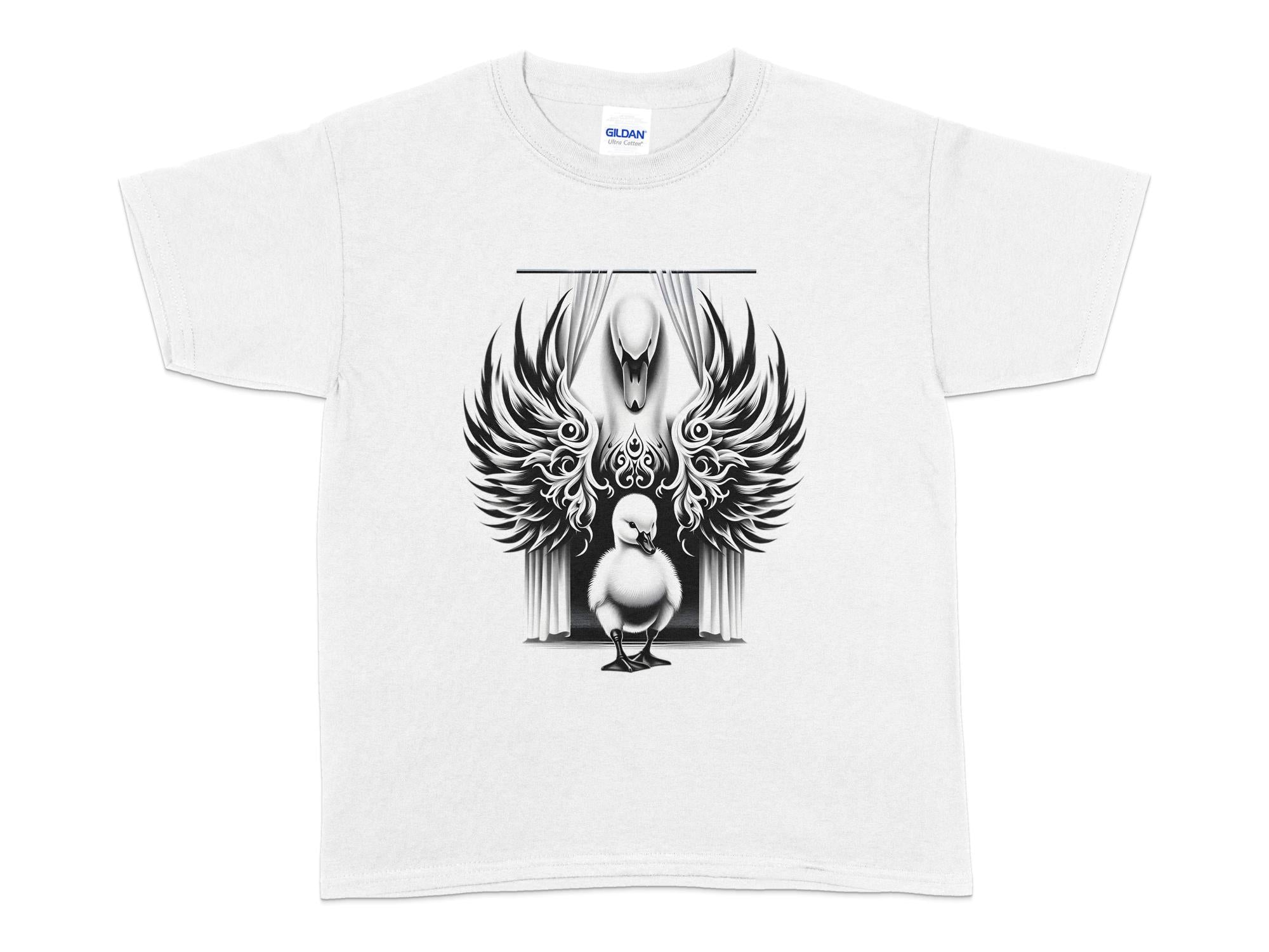 Swan & Cygnet- Black White Gildan Kids T-Shirt Realistic Family Talisman Unisex Tee Graphic Design