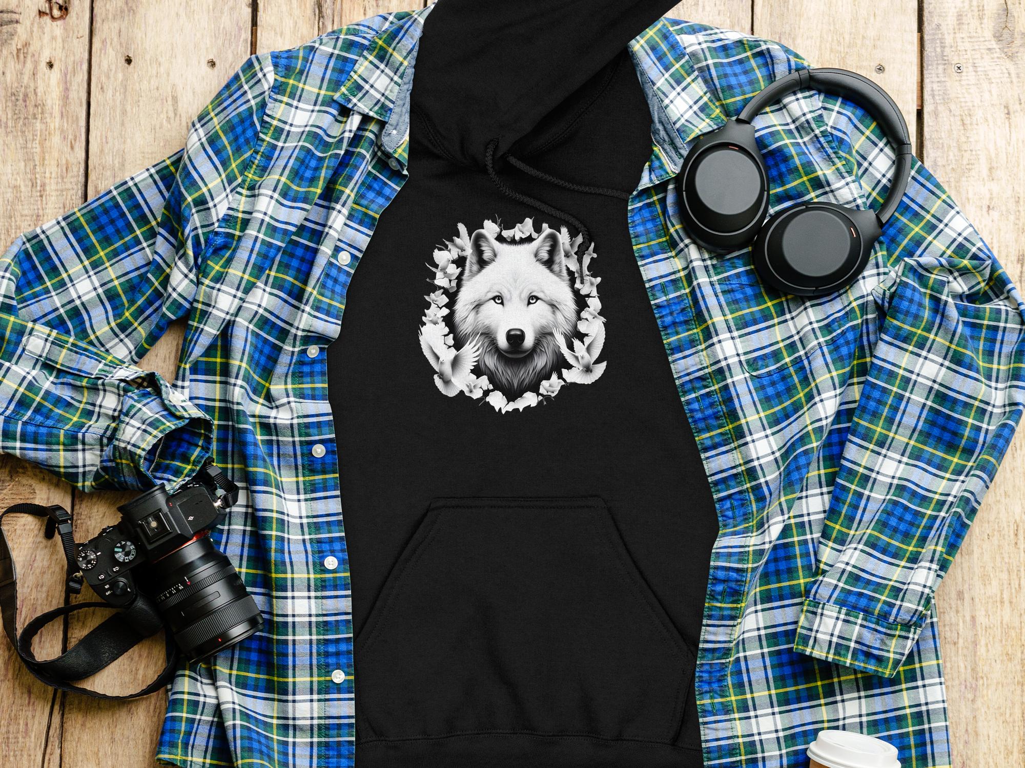 Wolf x Doves - Black White Gildan Hoodie Realistic Animal Talisman Unisex Tee Graphic Design