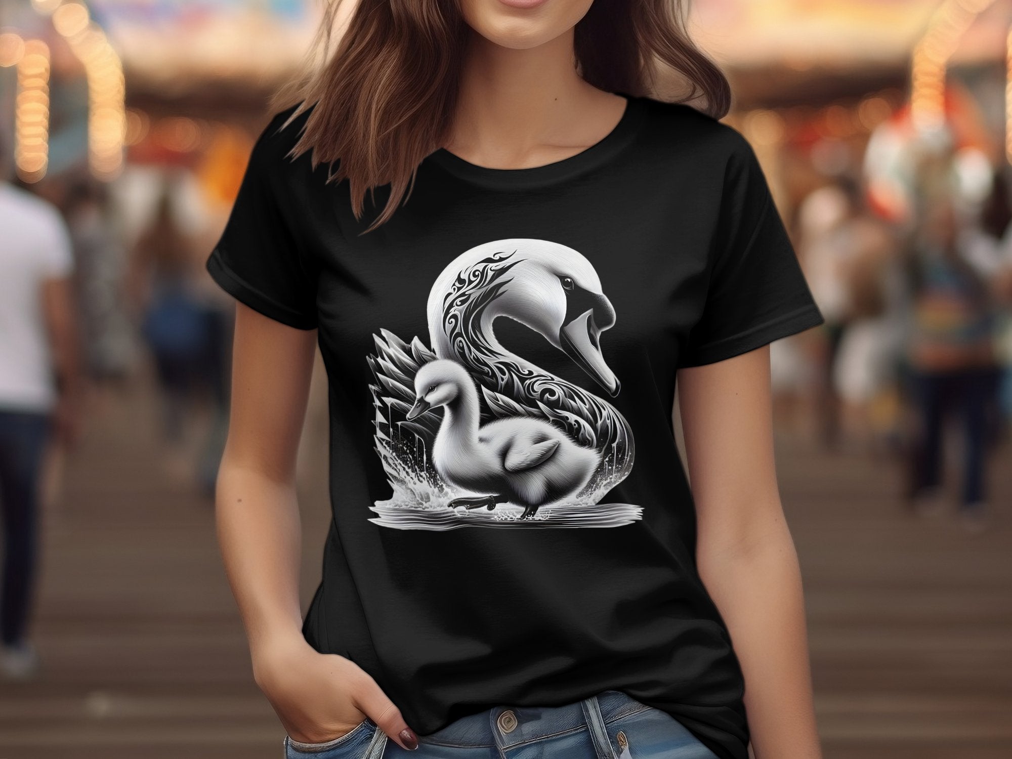 Swan & Cygnet- Black White Gildan T-Shirt Realistic Family Talisman Unisex Tee Graphic Design