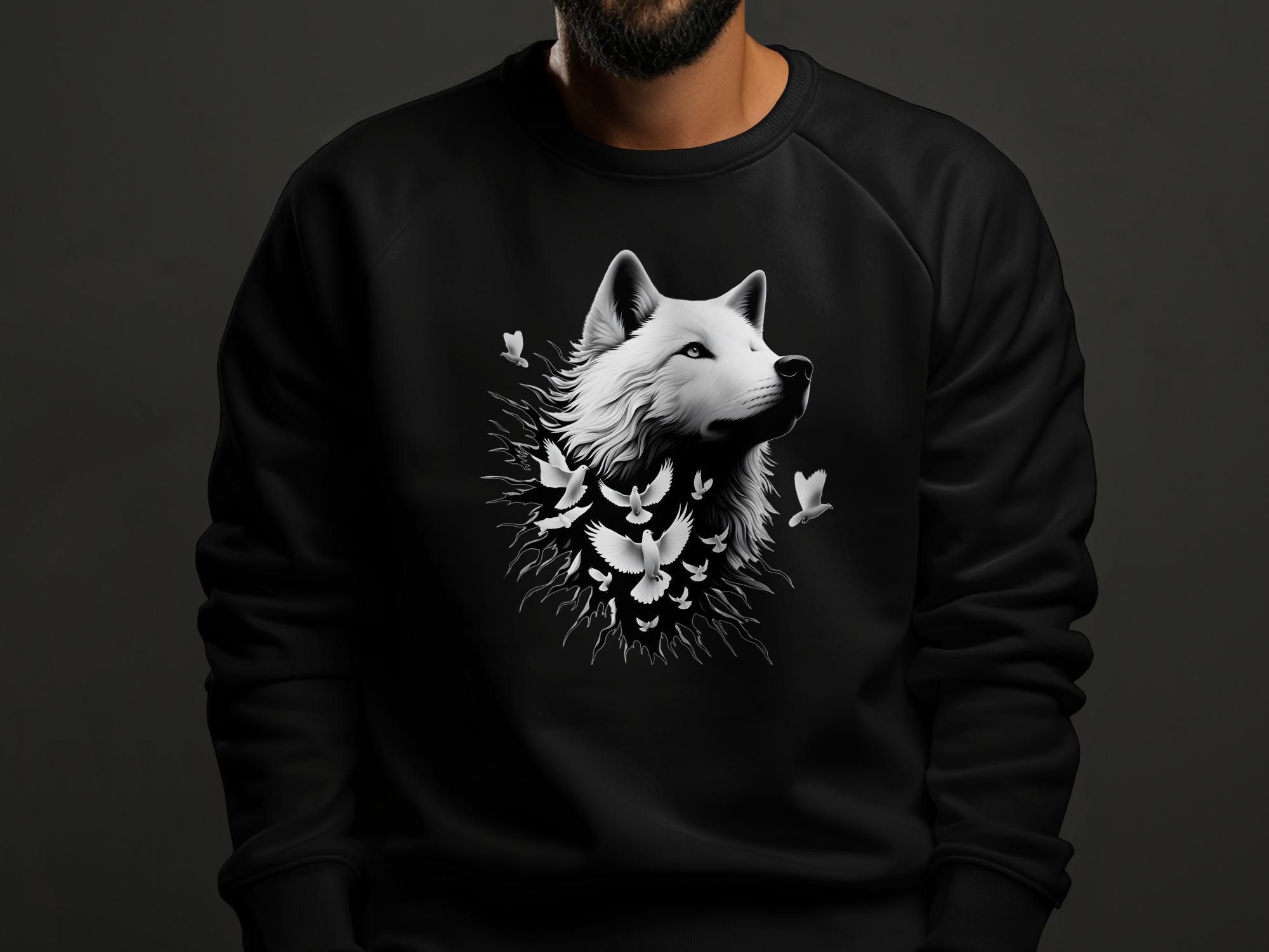 Wolf x Doves - Black White Gildan Sweatshirt Realistic Animal Talisman Unisex Tee Graphic Design