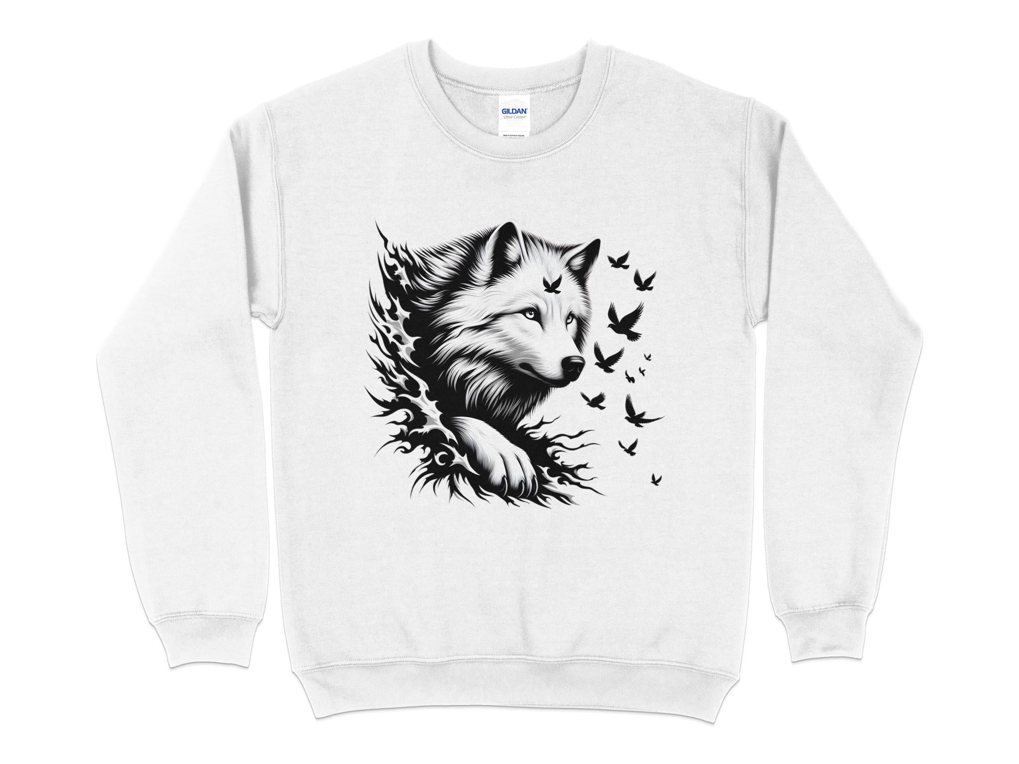 Wolf x Doves - Black White Gildan Sweatshirt Realistic Animal Talisman Unisex Tee Graphic Design