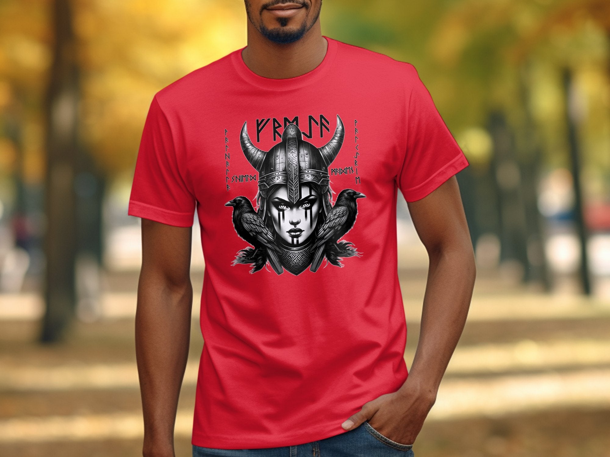 Viking Shield Maiden - Coloured Gildan T Shirt Realistic Norse Talisman Men Women Unisex Valhalla Tee Graphic Design