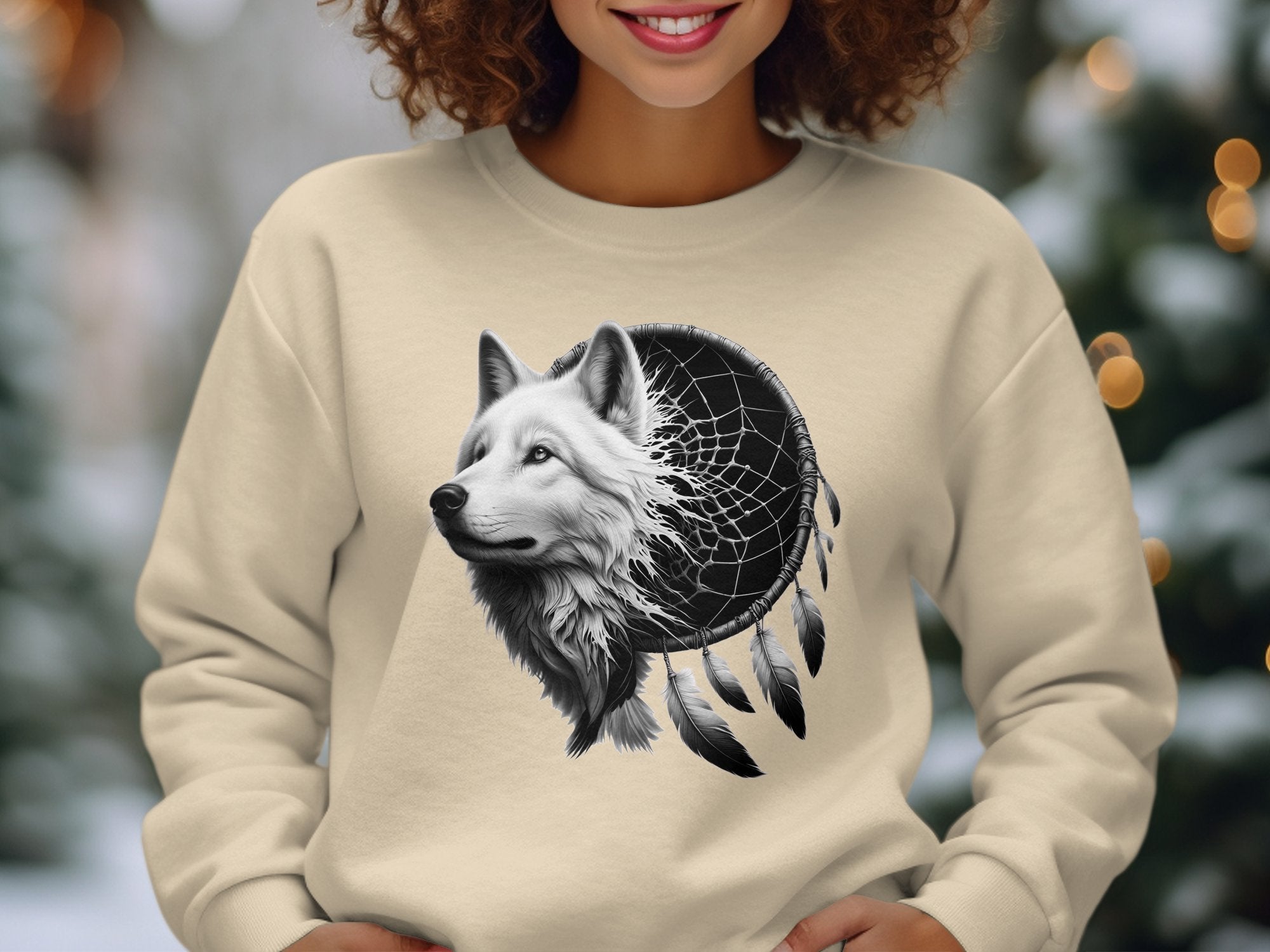 Dreamcatcher Wolf - Coloured Gildan Sweatshirt Realistic Native American Talisman Unisex Mythology Tee Graphic Design