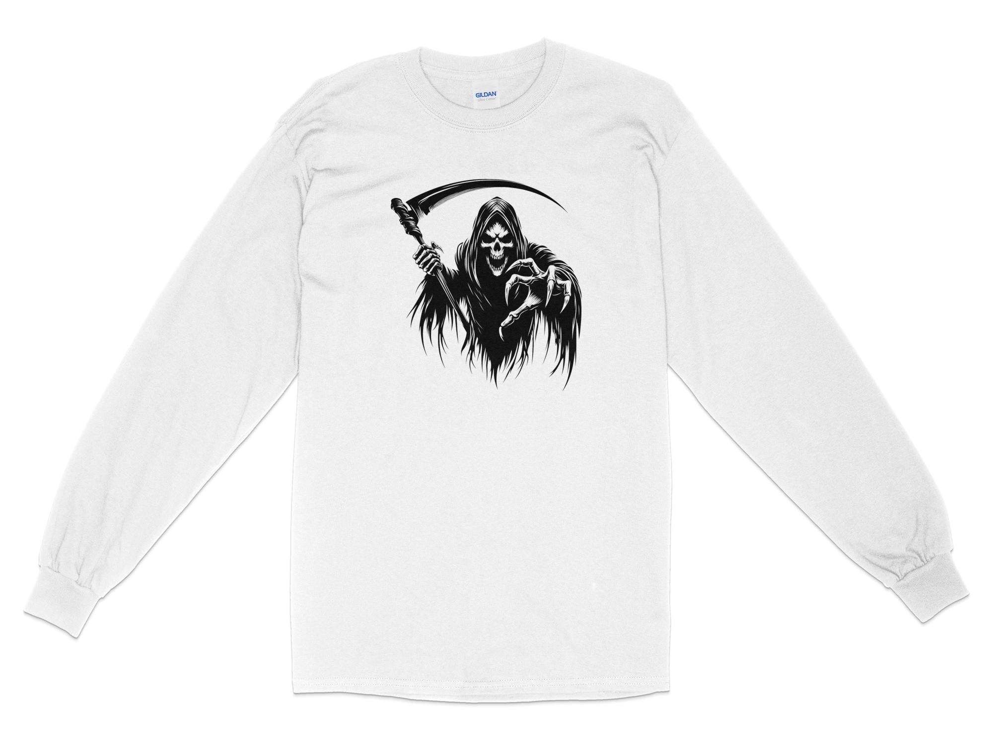 Grim Reaper - Black White Gildan Long Sleeve Commemorative Talisman Unisex Tee Graphic Design