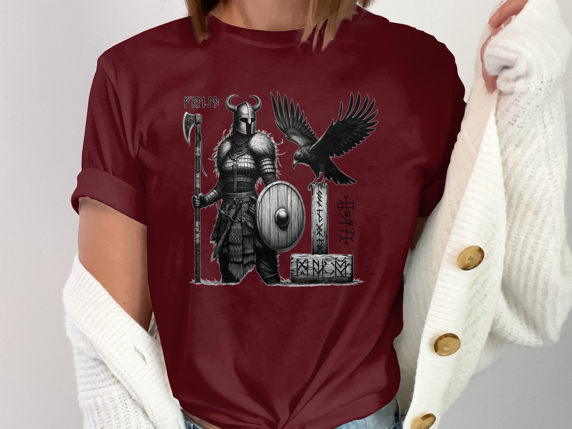 Viking Shield Maiden - Coloured Gildan T Shirt Realistic Norse Talisman Men Women Unisex Valhalla Tee Graphic Design