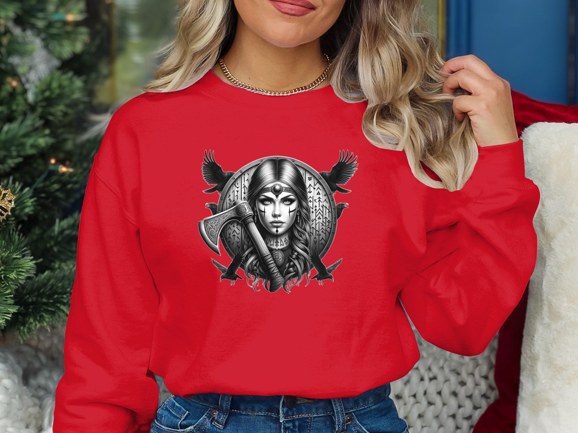 Viking Shield Maiden - Coloured Gildan Sweatshirt Realistic Norse Talisman Men Women Unisex Valhalla Tee Graphic Design