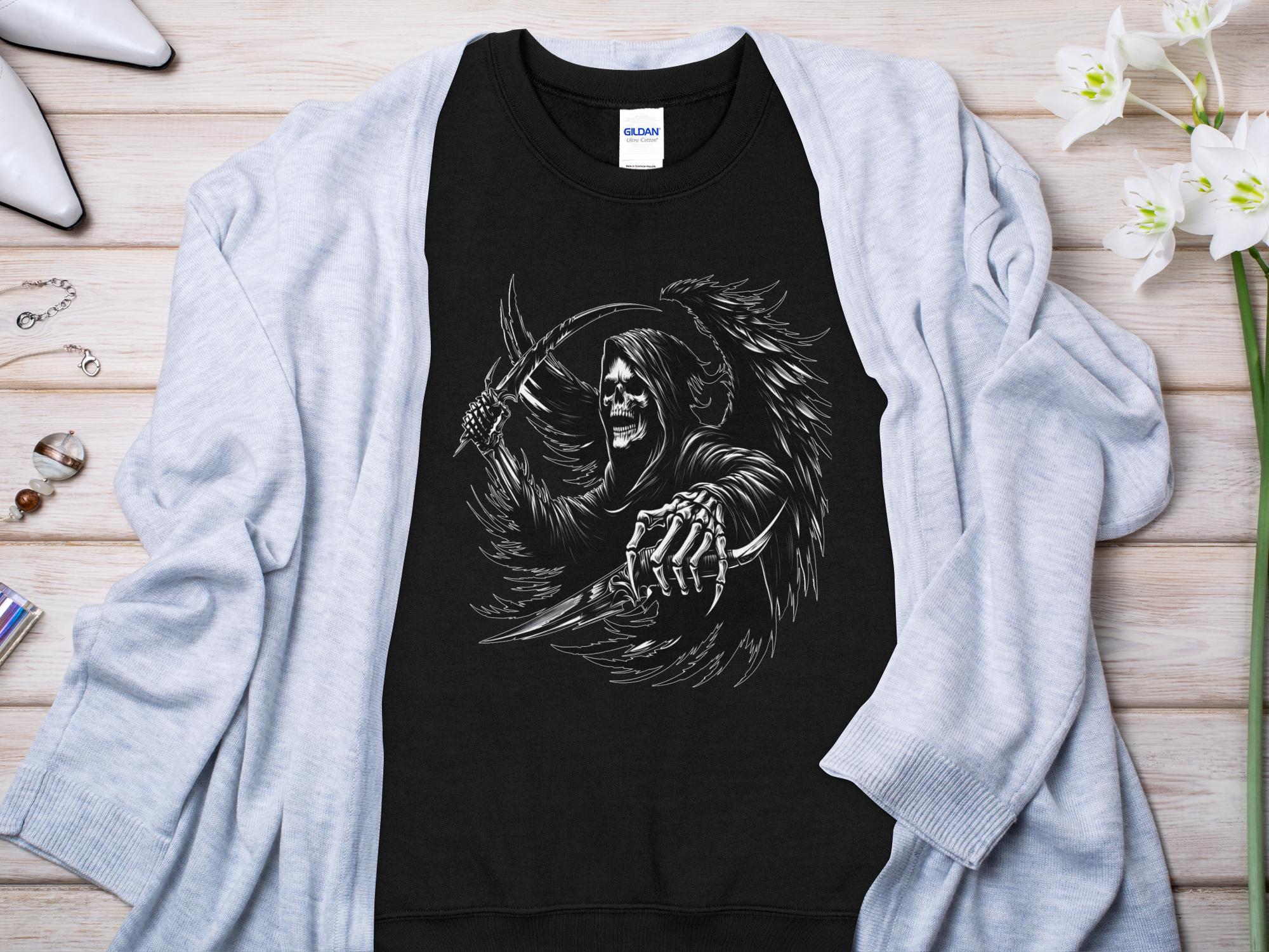 Grim Reaper - Black White Gildan Sweatshirt Commemorative Talisman Unisex Tee Graphic Design