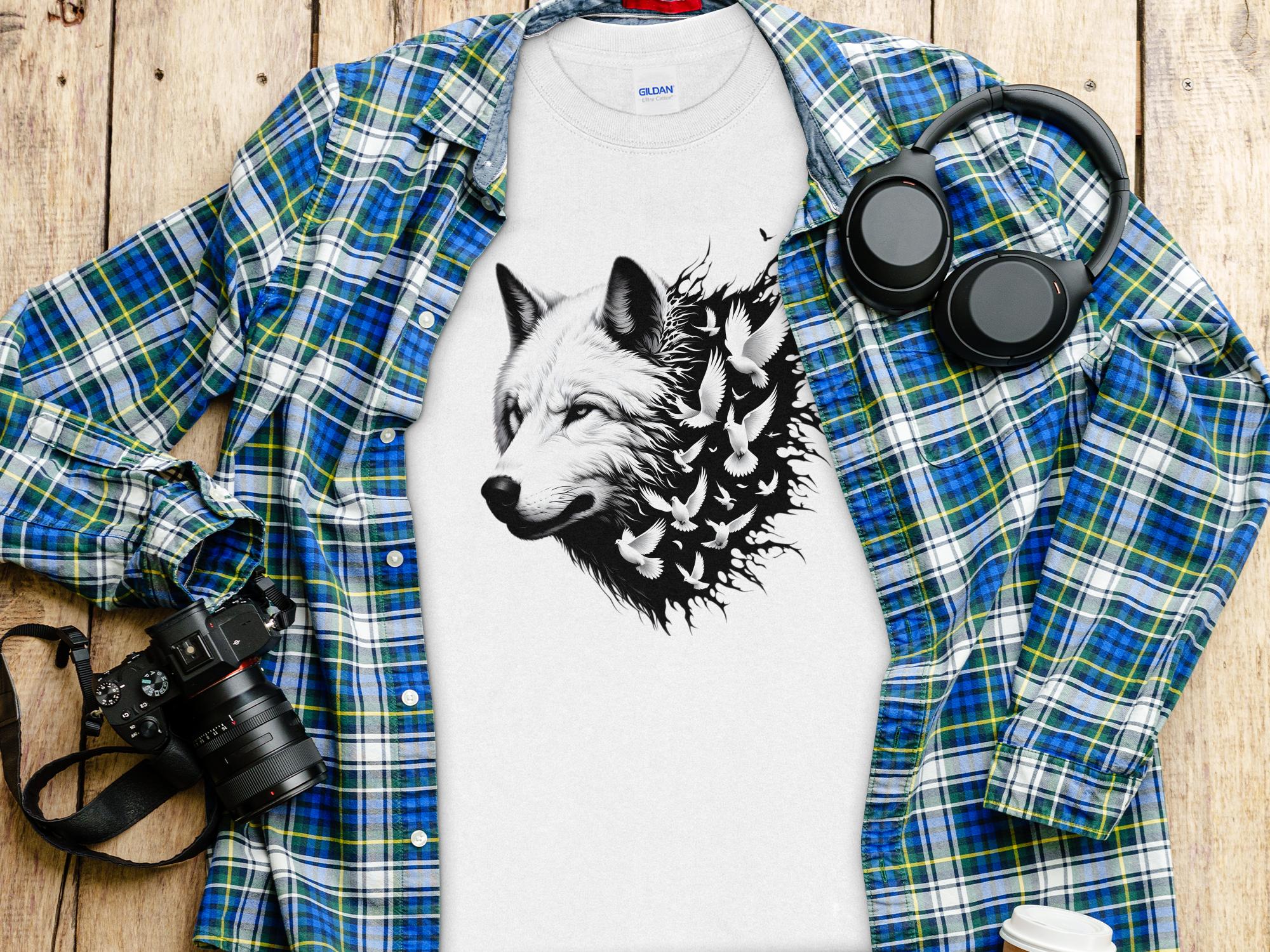 Wolf x Doves - Black White Gildan Long Sleeve Realistic Animal Talisman Unisex Tee Graphic Design