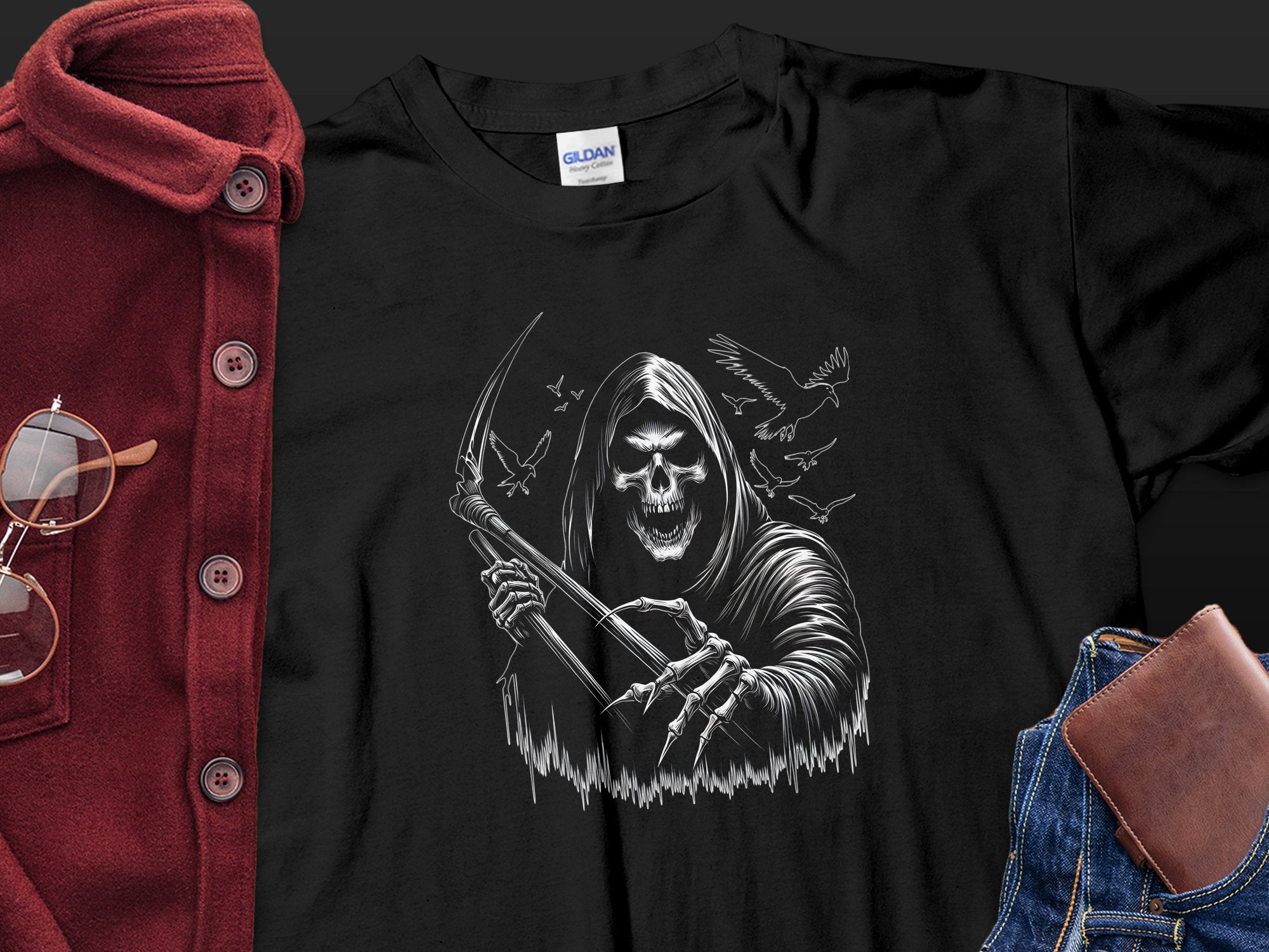 Grim Reaper - Black White Gildan T-Shirt Commemorative Talisman Unisex Tee Graphic Design