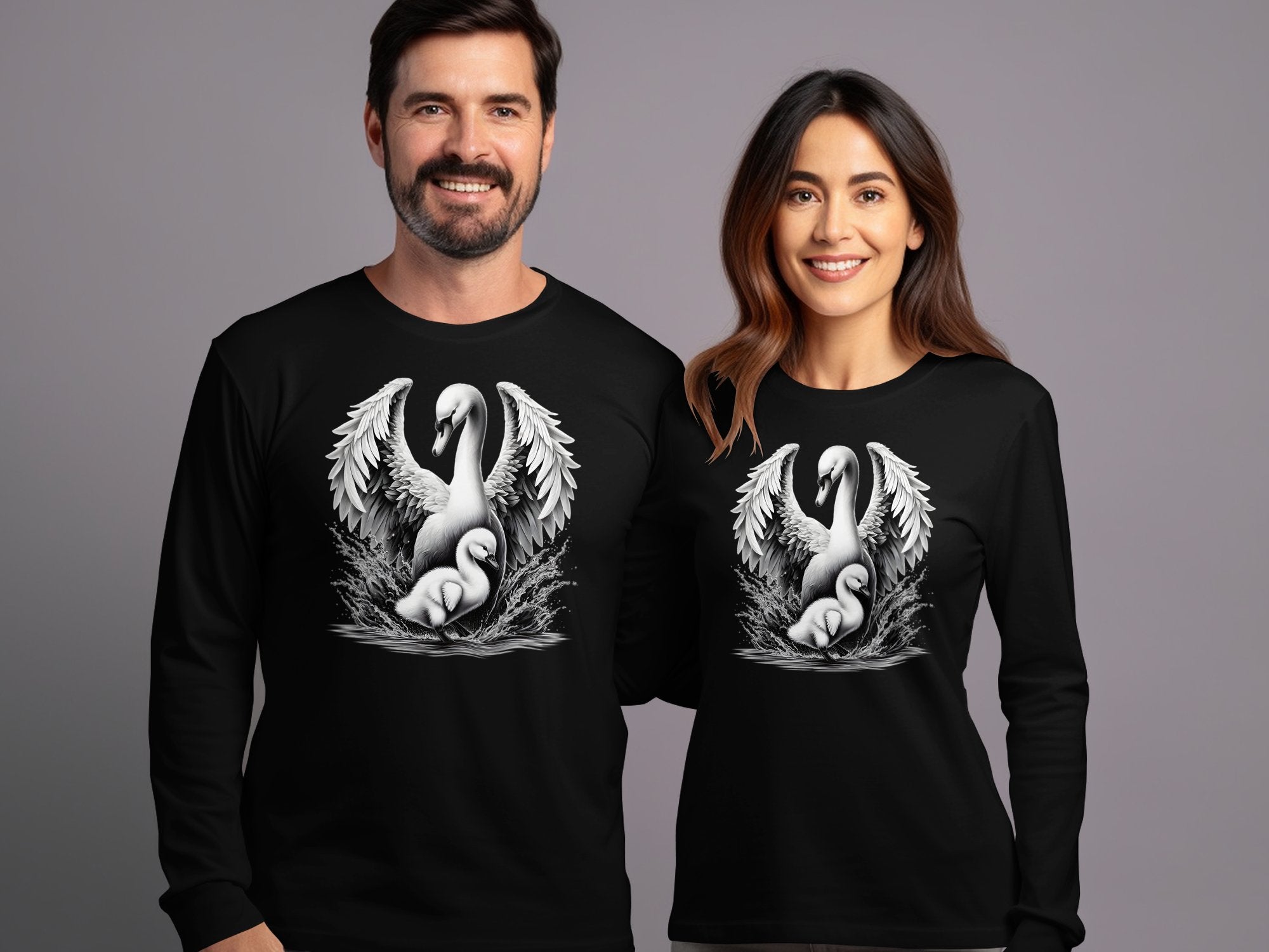 Swan & Cygnet- Black White Gildan Long Sleeve Realistic Family Talisman Unisex Tee Graphic Design