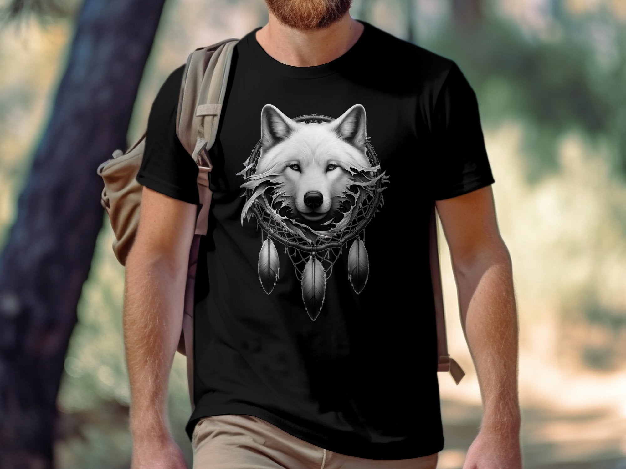 Dreamcatcher Wolf - Coloured Gildan T-Shirt Realistic Native American Talisman Unisex Mythology Tee Graphic Design