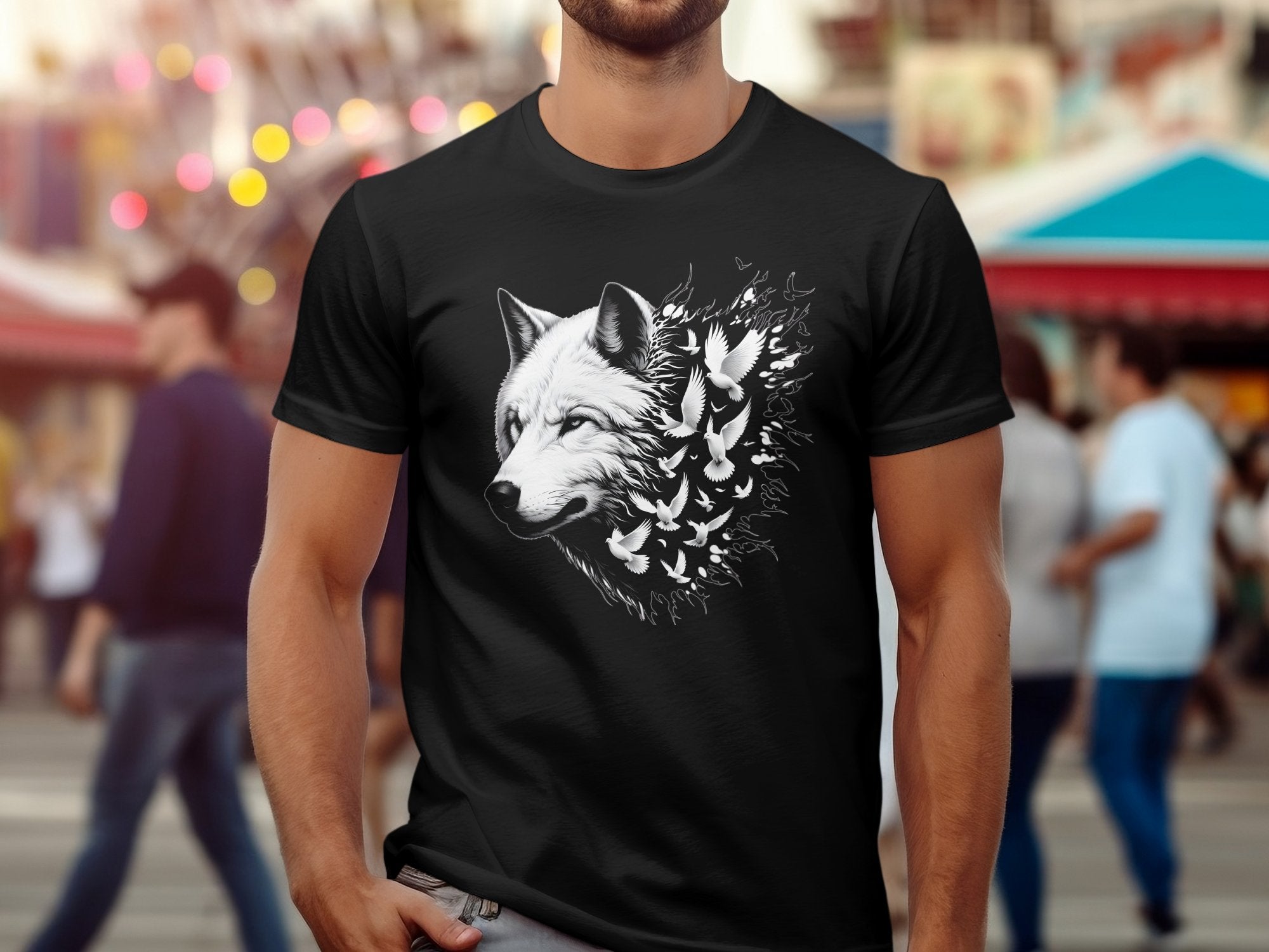 Wolf x Doves - Black White Gildan T-Shirt Realistic Animal Talisman Unisex Tee Graphic Design