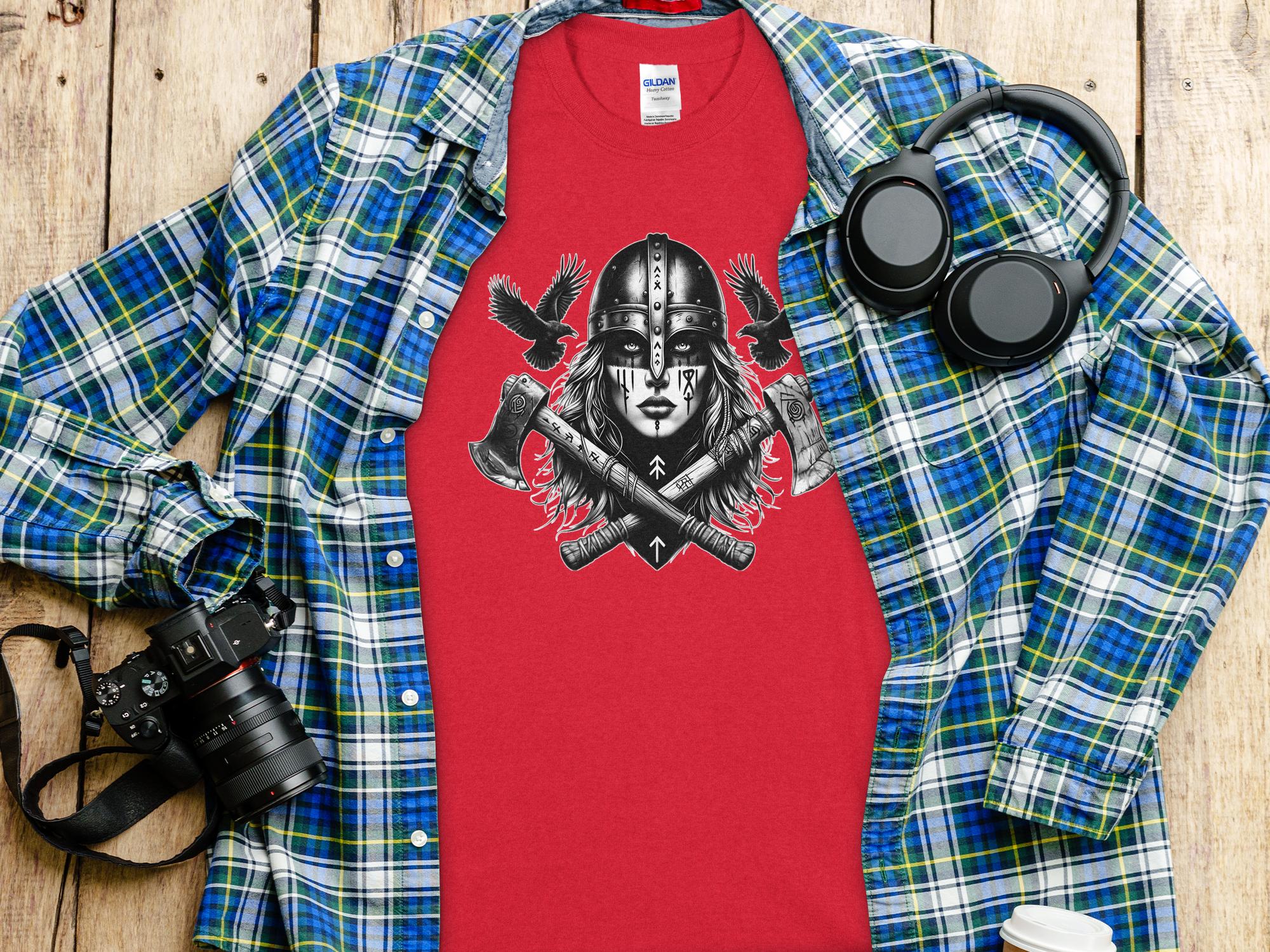 Viking Shield Maiden - Coloured Gildan T Shirt Realistic Norse Talisman Men Women Unisex Valhalla Tee Graphic Design