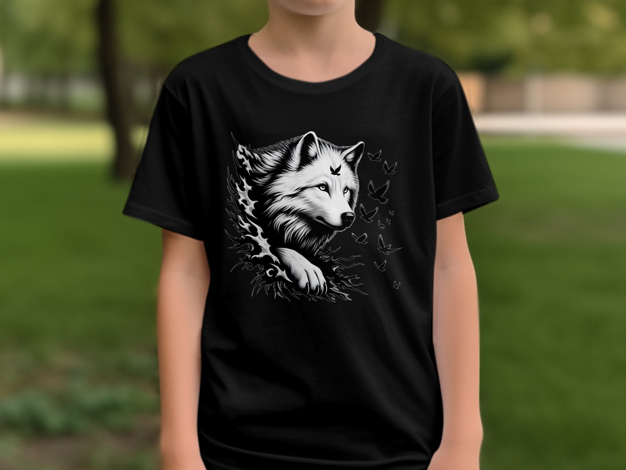 Wolf x Doves - Black White Gildan Kids T-Shirt Realistic Animal Talisman Unisex Tee Graphic Design