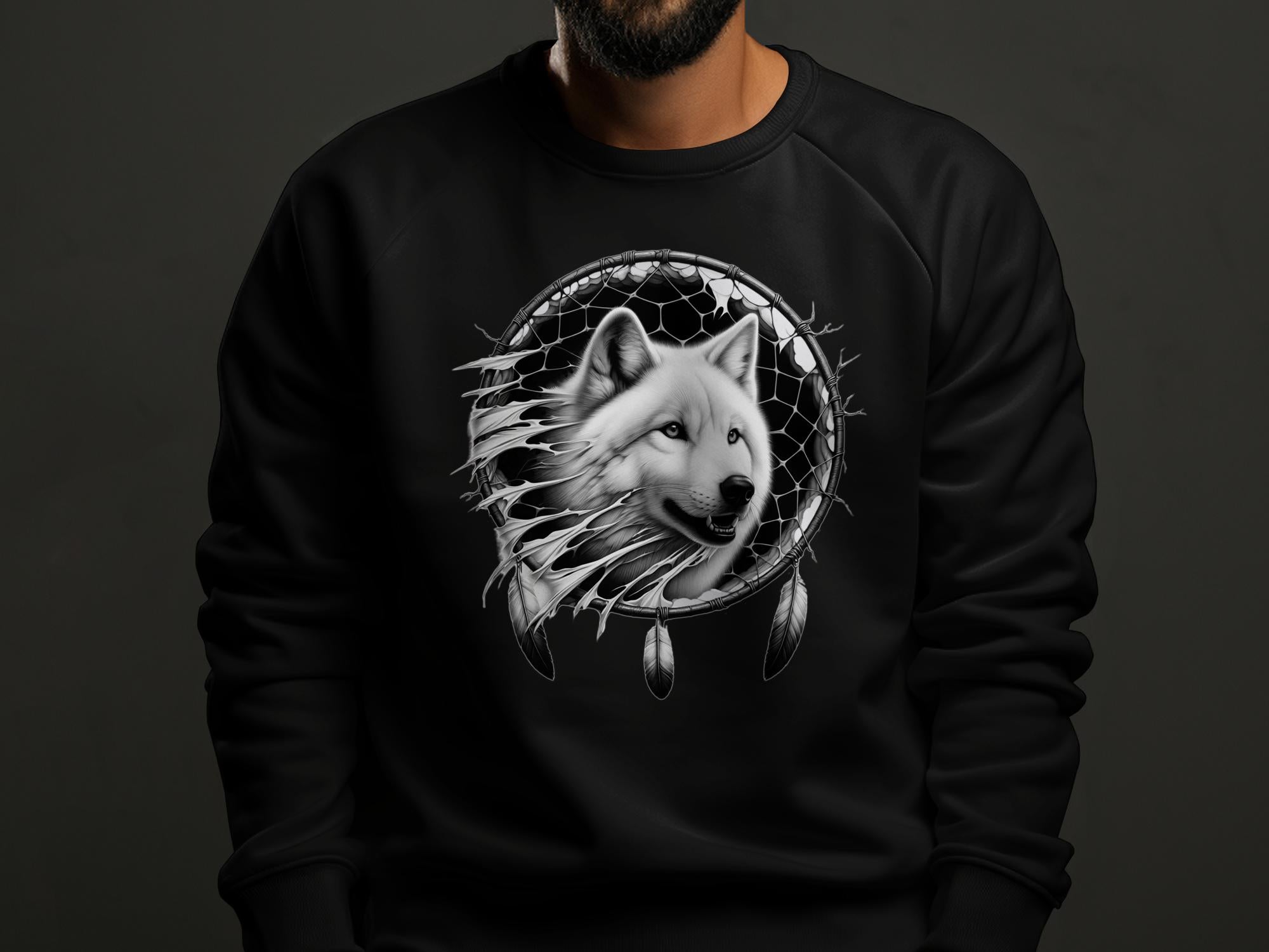 Dreamcatcher Wolf - Coloured Gildan Sweatshirt Realistic Native American Talisman Unisex Mythology Tee Graphic Design