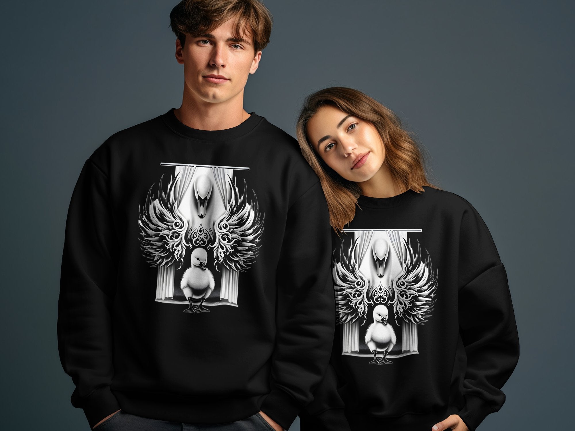 Swan & Cygnet- Black White Gildan Sweatshirt Realistic Family Talisman Unisex Tee Graphic Design