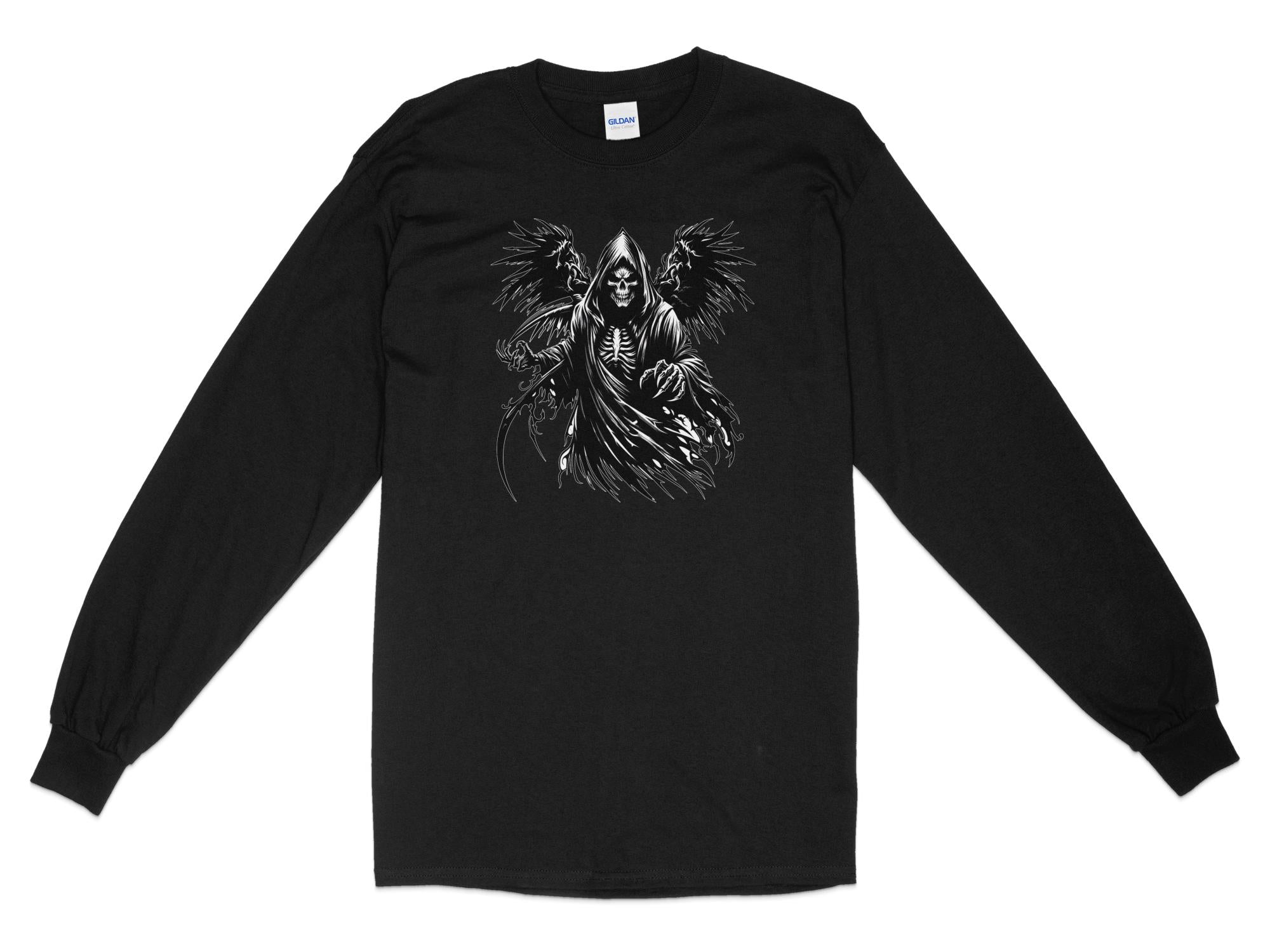 Grim Reaper - Black White Gildan Long Sleeve Commemorative Talisman Unisex Tee Graphic Design