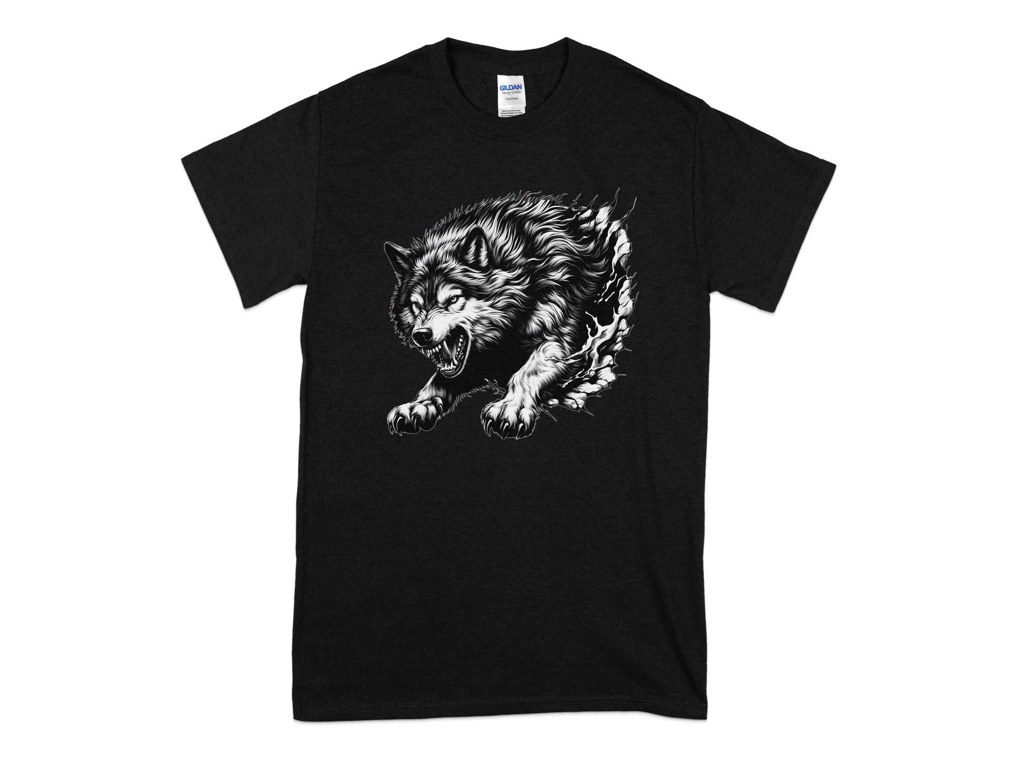 Wolf Tribal - Black White Gildan T-Shirt Realistic Animal Talisman Unisex Tee Graphic Design